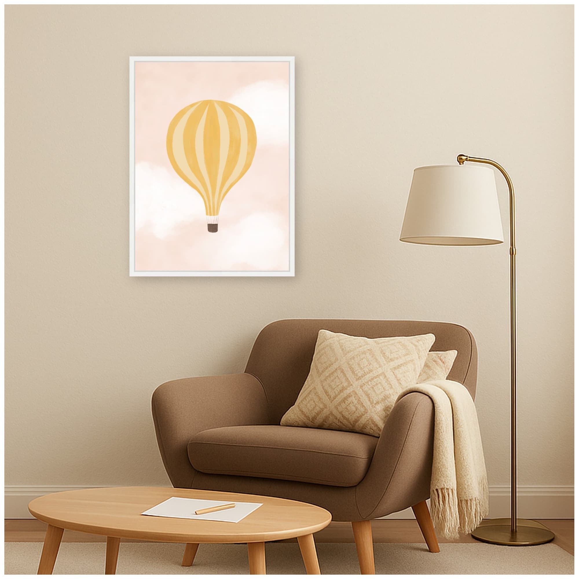Kate And Laurel Hot Air Balloon Yellow Pink Sky By Molly Dillon From The Lil Dills Shop Framed Canvas Wall Art Print