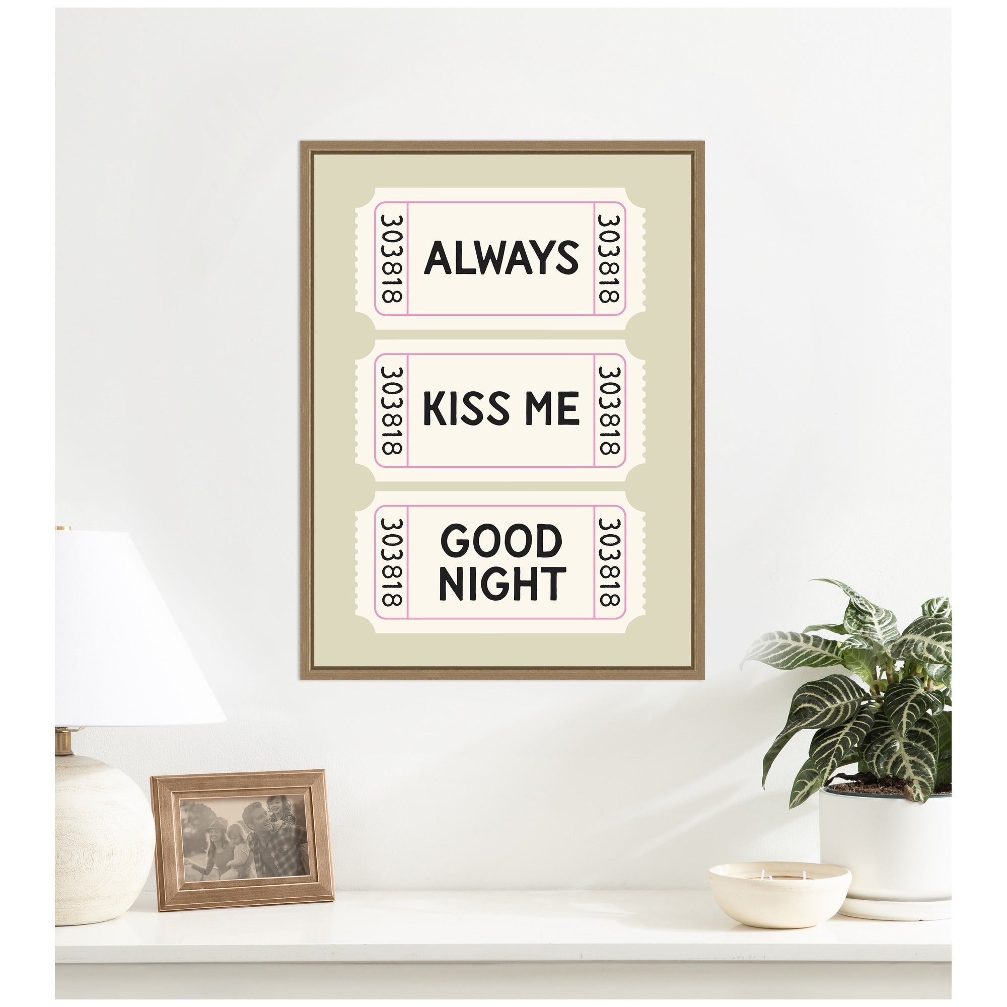 Kate And Laurel Kiss Me Goodnight Ticket Print Sage Green Wall Art Retro Poster By Lucky Guava Framed Canvas Wall Art Print