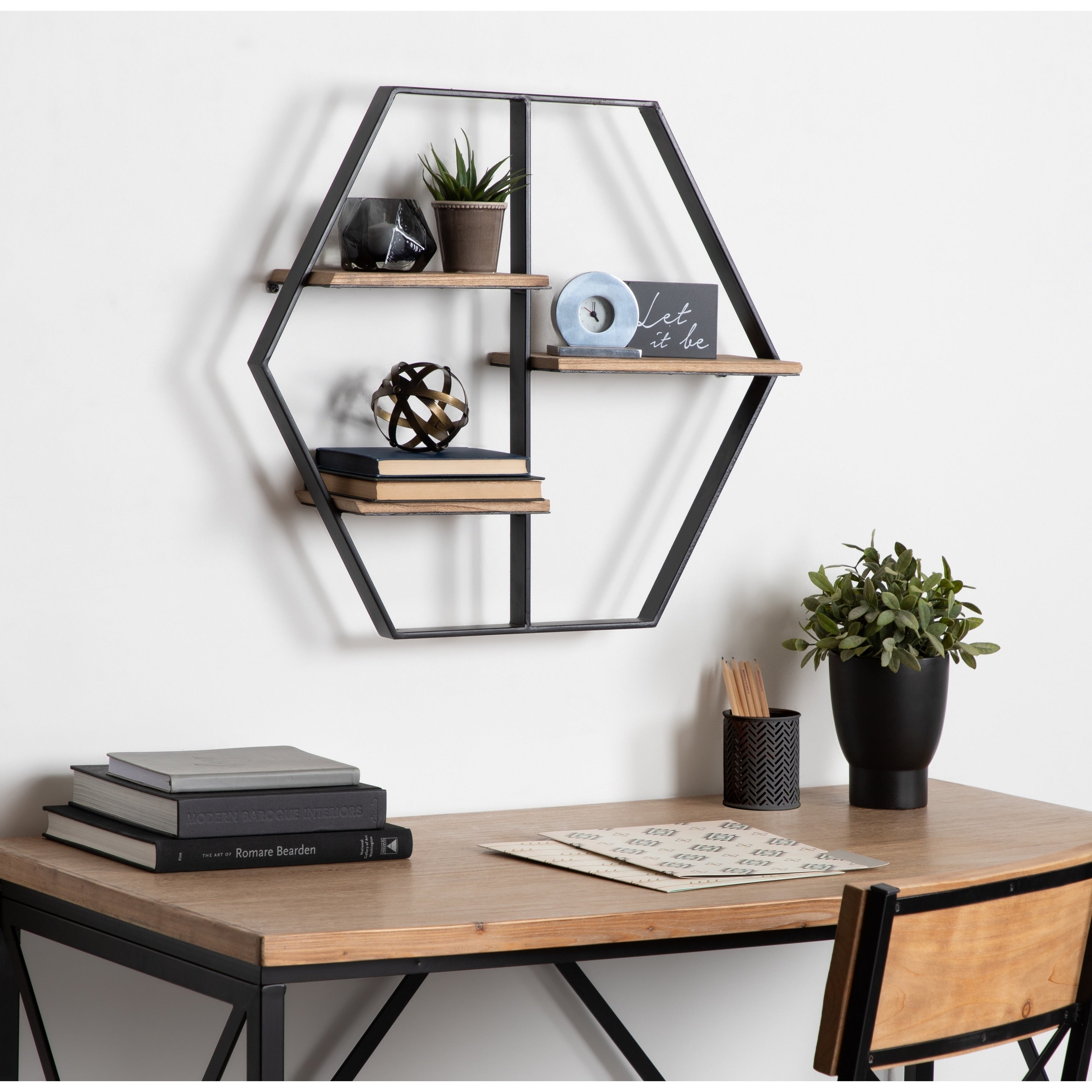 Kate And Laurel Ladd Brown Wood Metal Hexagon Floating Shelves