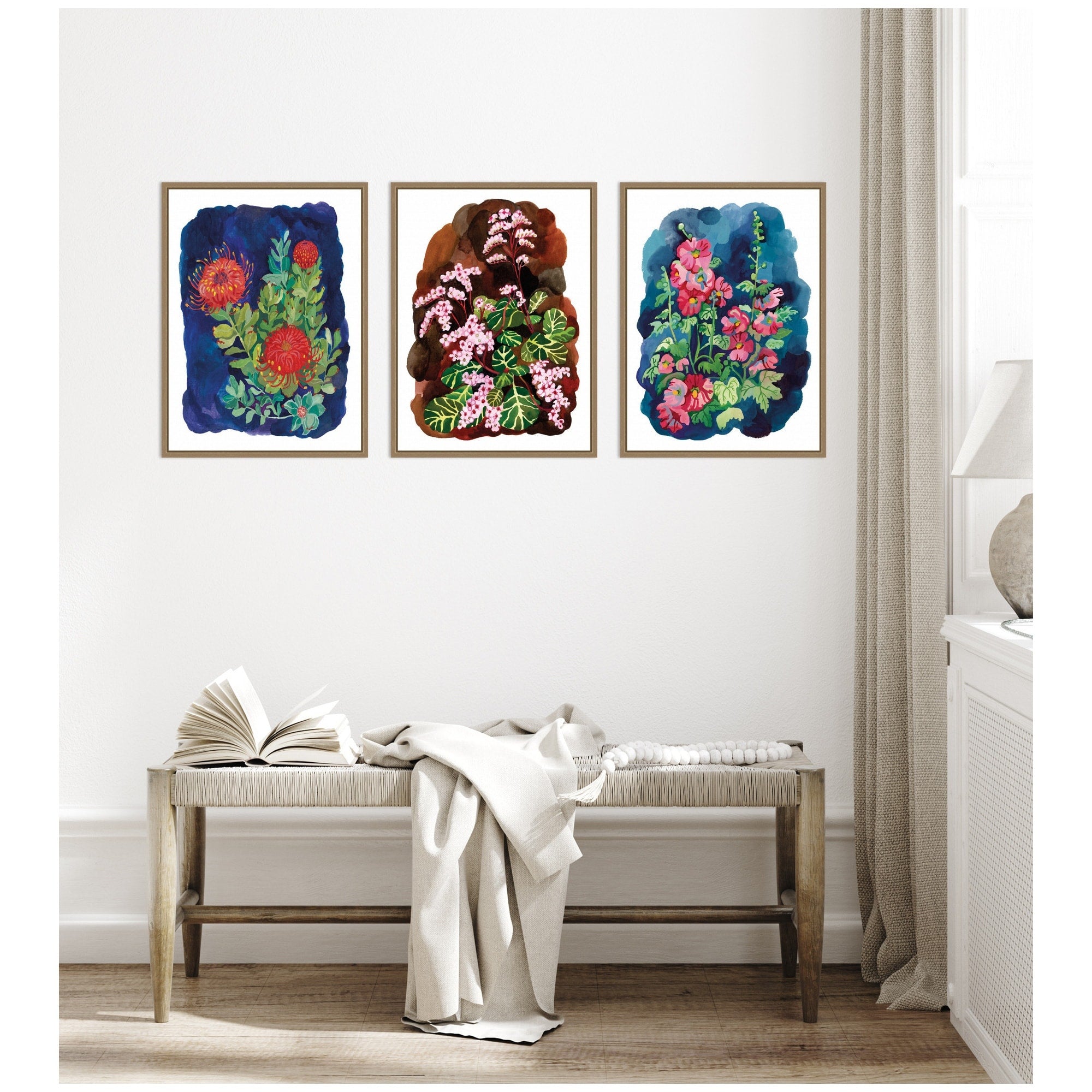 Kate And Laurel Proteas In Blue Hollyhock 3 Piece Framed Canvas Wall Art Set By Lucia Gianello