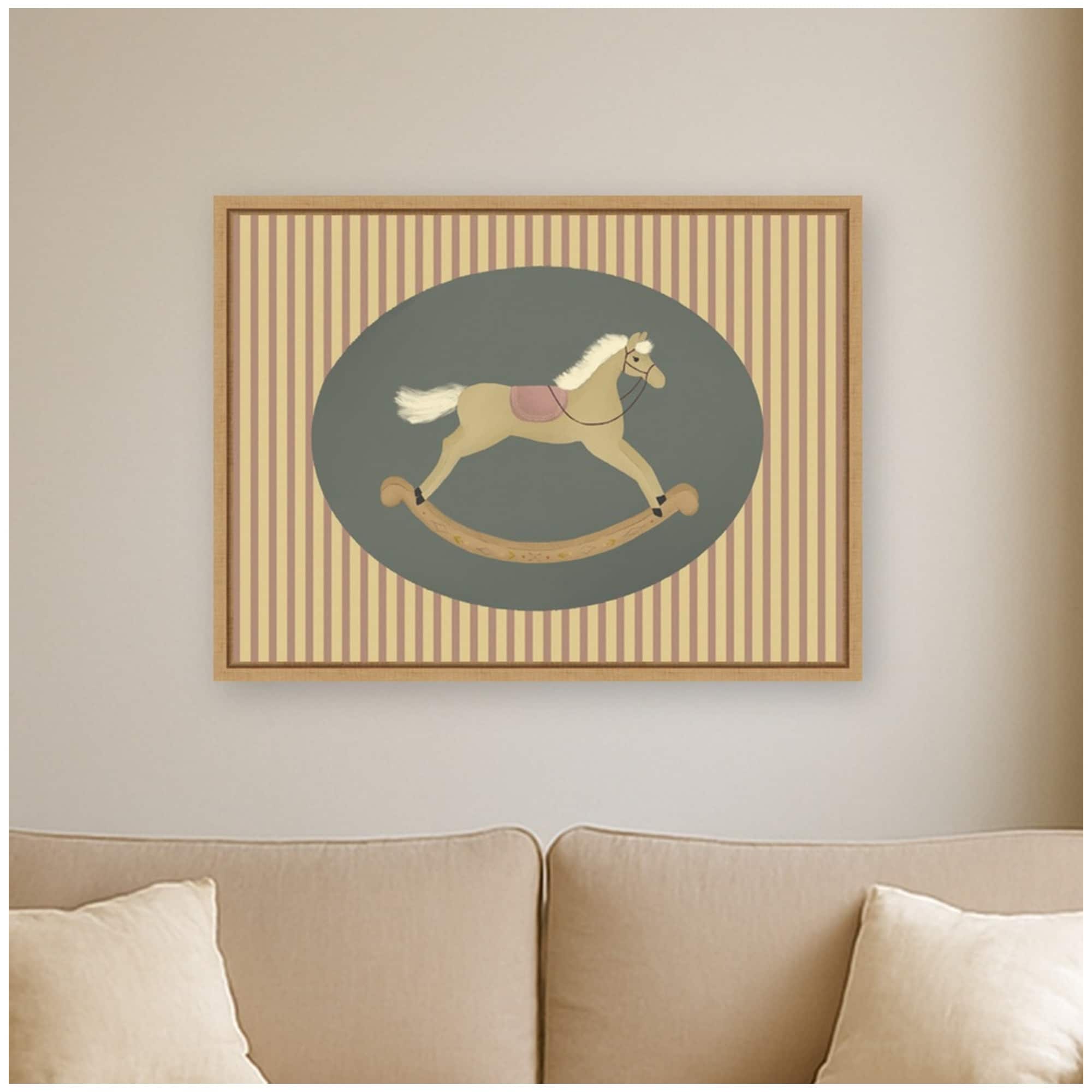 Kate And Laurel Rocking Horse Yellow Pin Stripes By Molly Dillon From The Lil Dills Shop Framed Canvas Wall Art Print