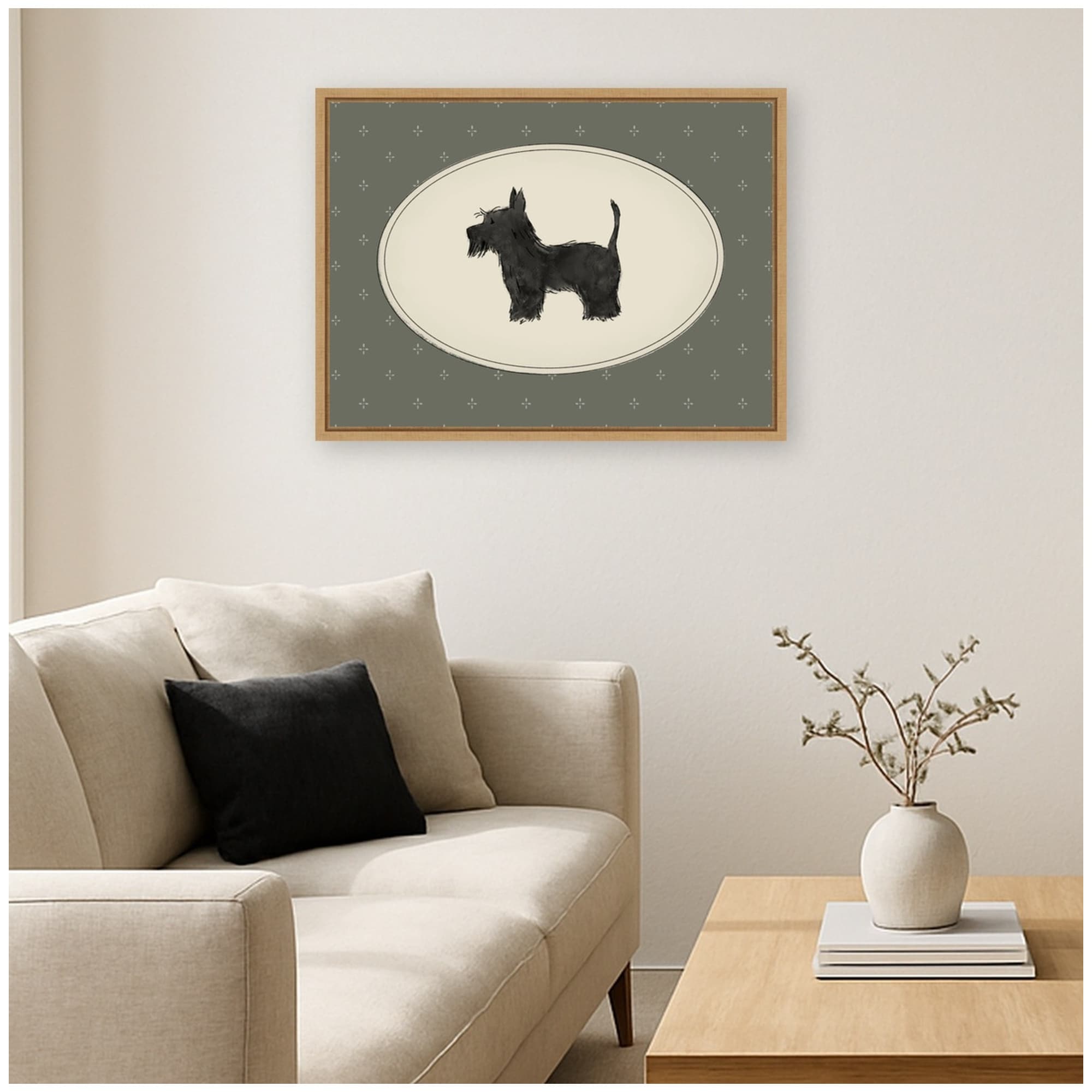 Kate And Laurel Scottie Dog Sketch Cross Pattern By Molly Dillon From The Lil Dills Shop Framed Canvas Wall Art Print