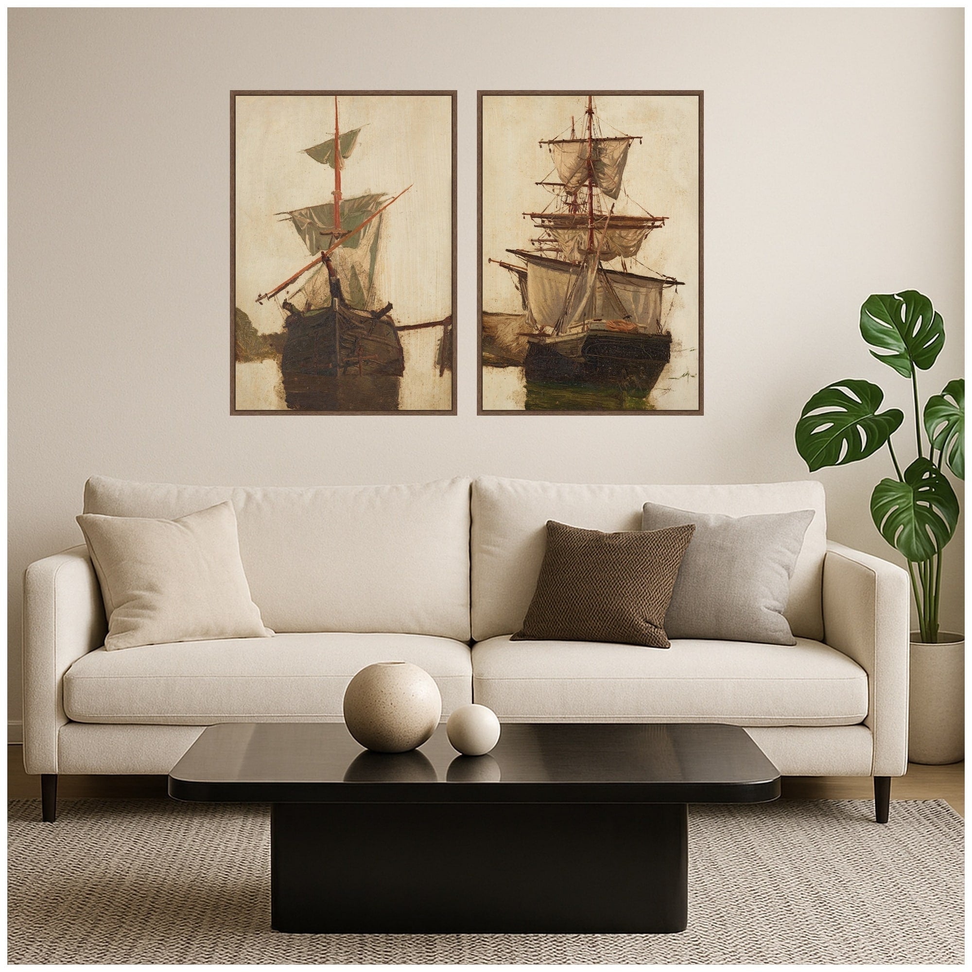 Kate And Laurel Sketch Of A Sailing Ship 2 Piece Framed Canvas Wall Art Set By Nostalgia Prints