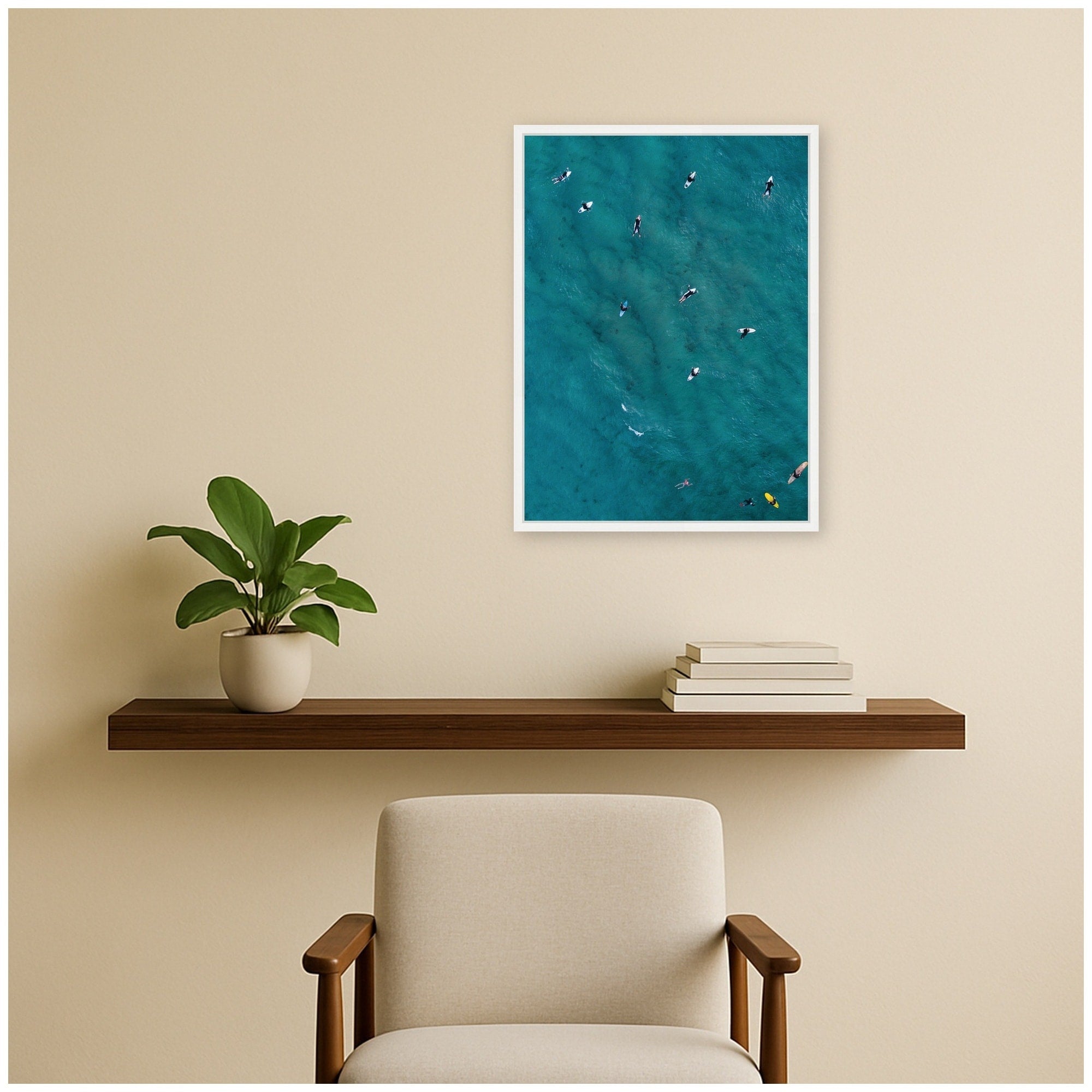Kate And Laurel Surfer Aerial View Ocean Waters By Laura Moss Framed Canvas Wall Art Print