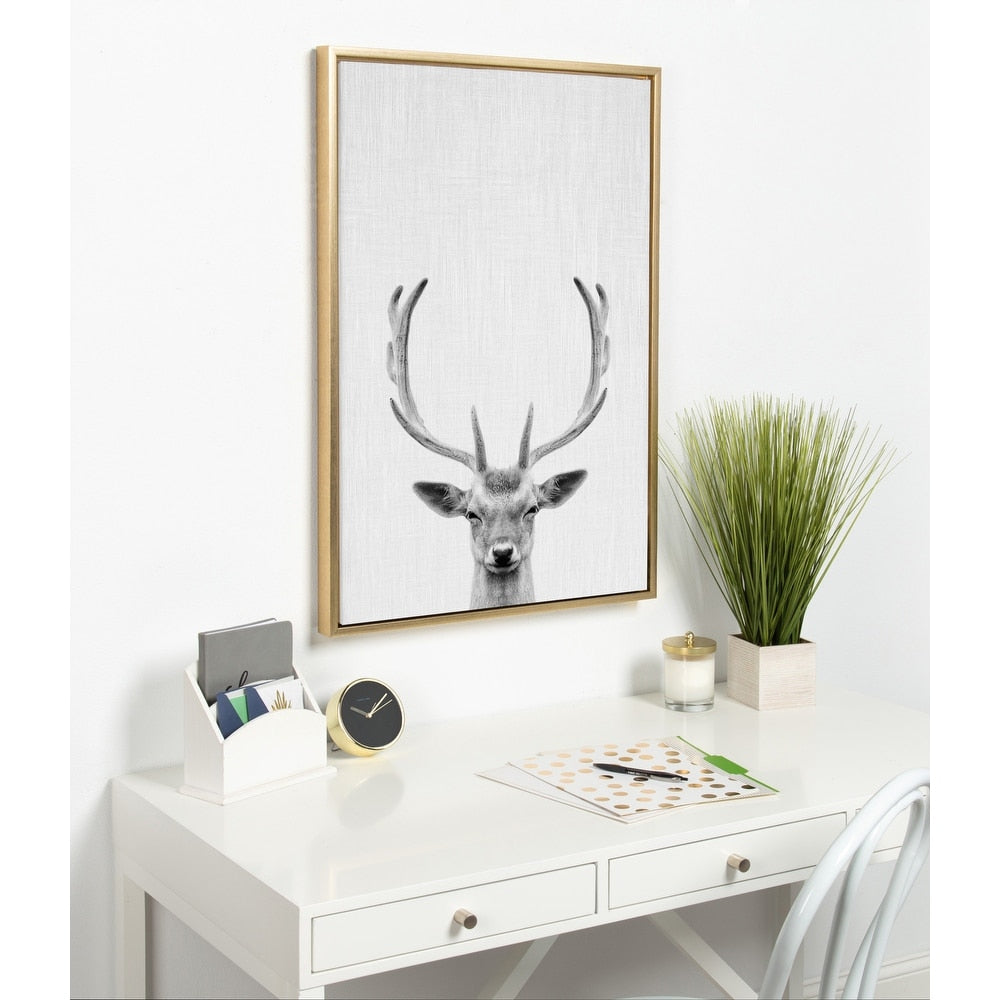 Designovation Sylvie Deer With Antlers Black And White Portrait Gold Framed Canvas Wall Art By Simon Te Tai