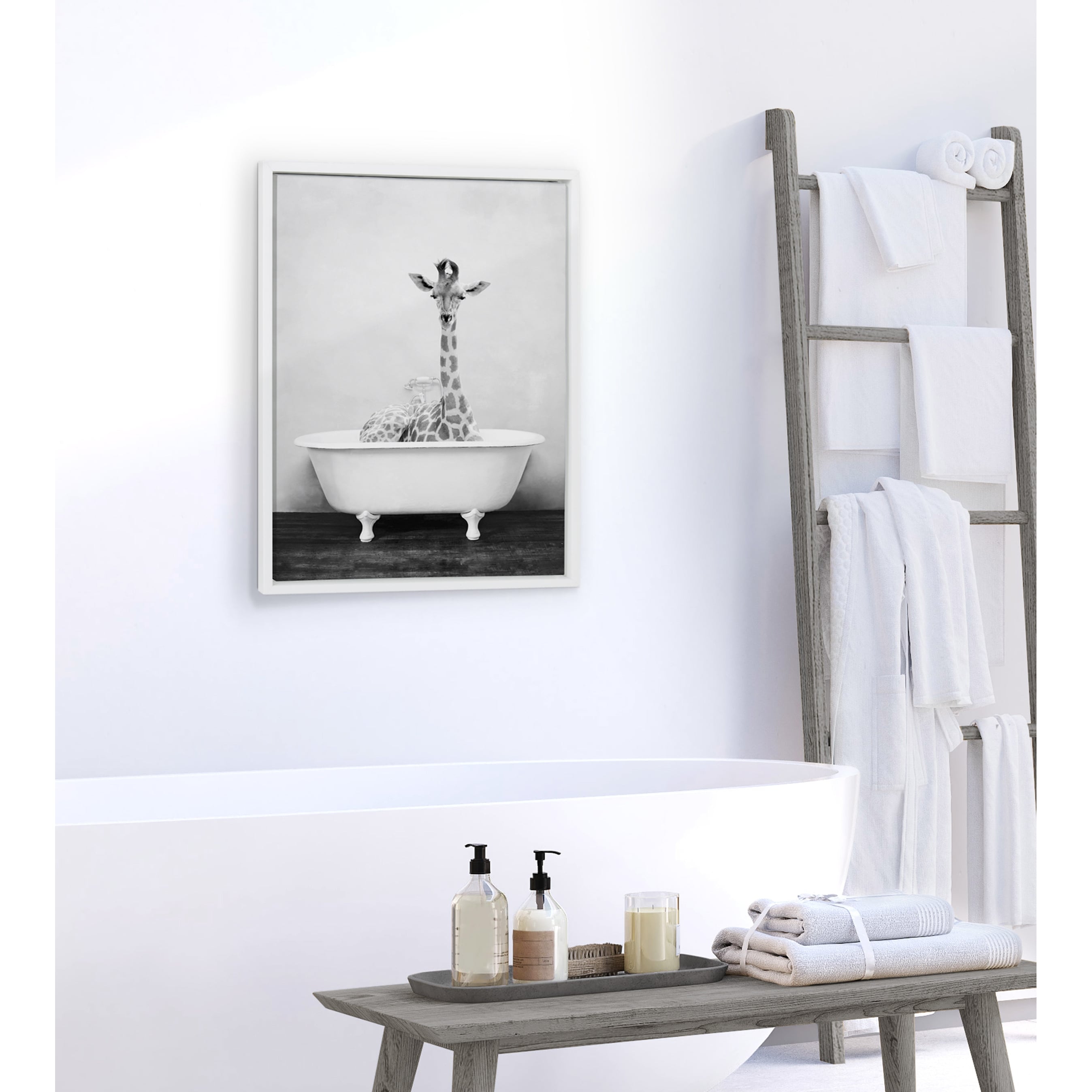 Kate And Laurel Sylvie Giraffe In Tub Framed Canvas By Amy Peterson