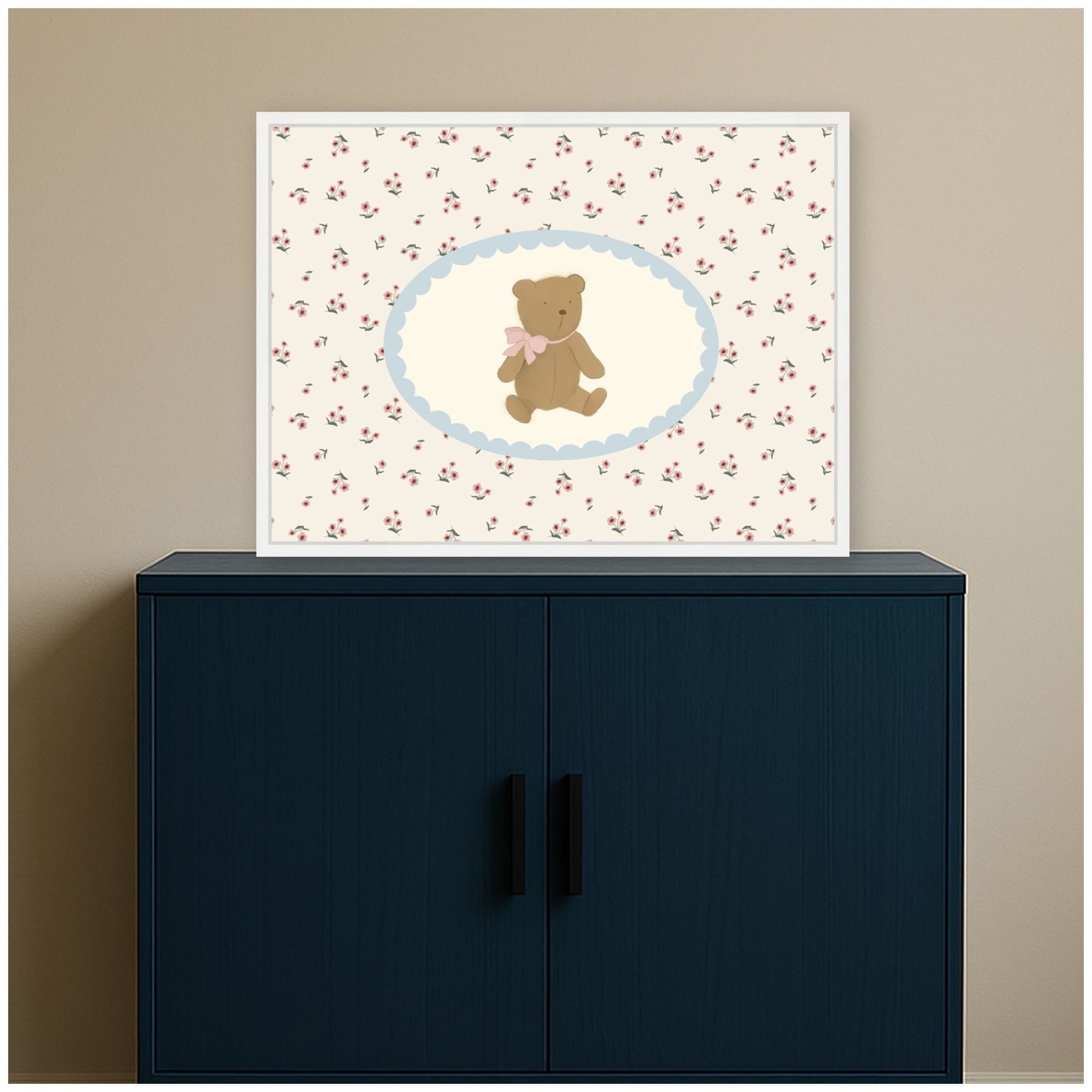 Kate And Laurel Teddy Bear Pink Bow Scallops Floral By Molly Dillon From The Lil Dills Shop Framed Canvas Wall Art Print
