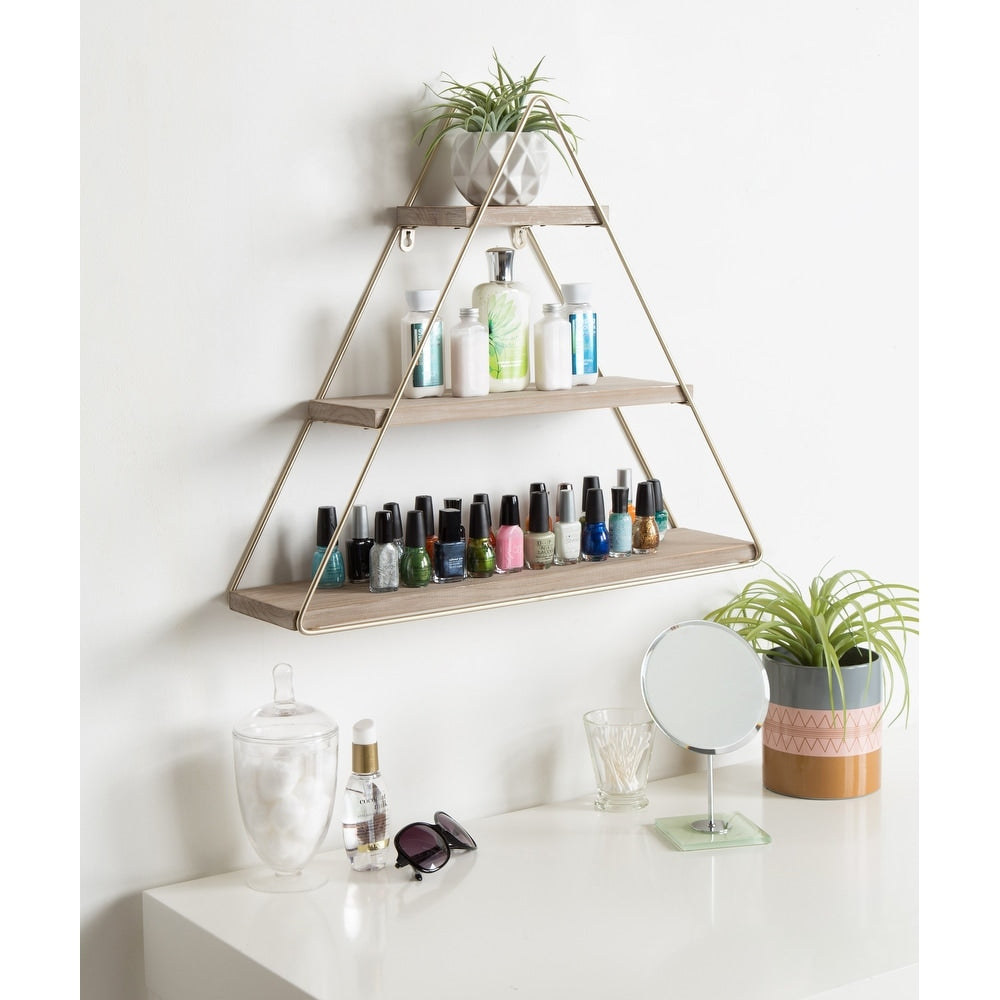 Tilde 3 Tiered Triangle Floating Wall Shelf Rustic Brown And Gold