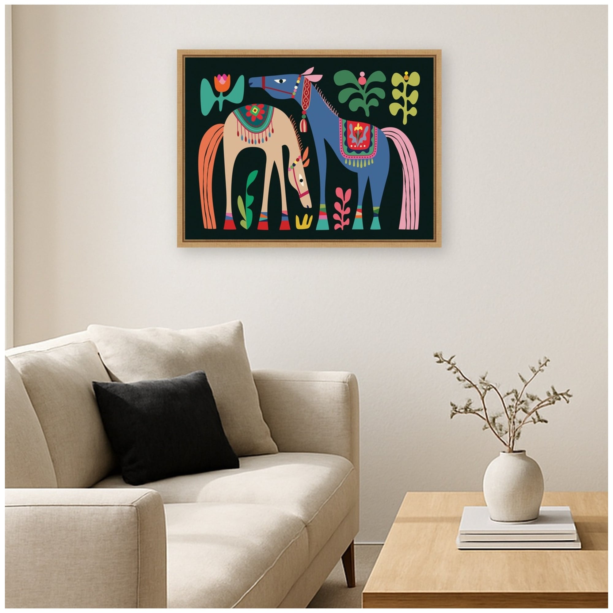 Kate And Laurel Two Horses 02 By Rachel Lee 3 Birdies Studio Framed Canvas Wall Art Print