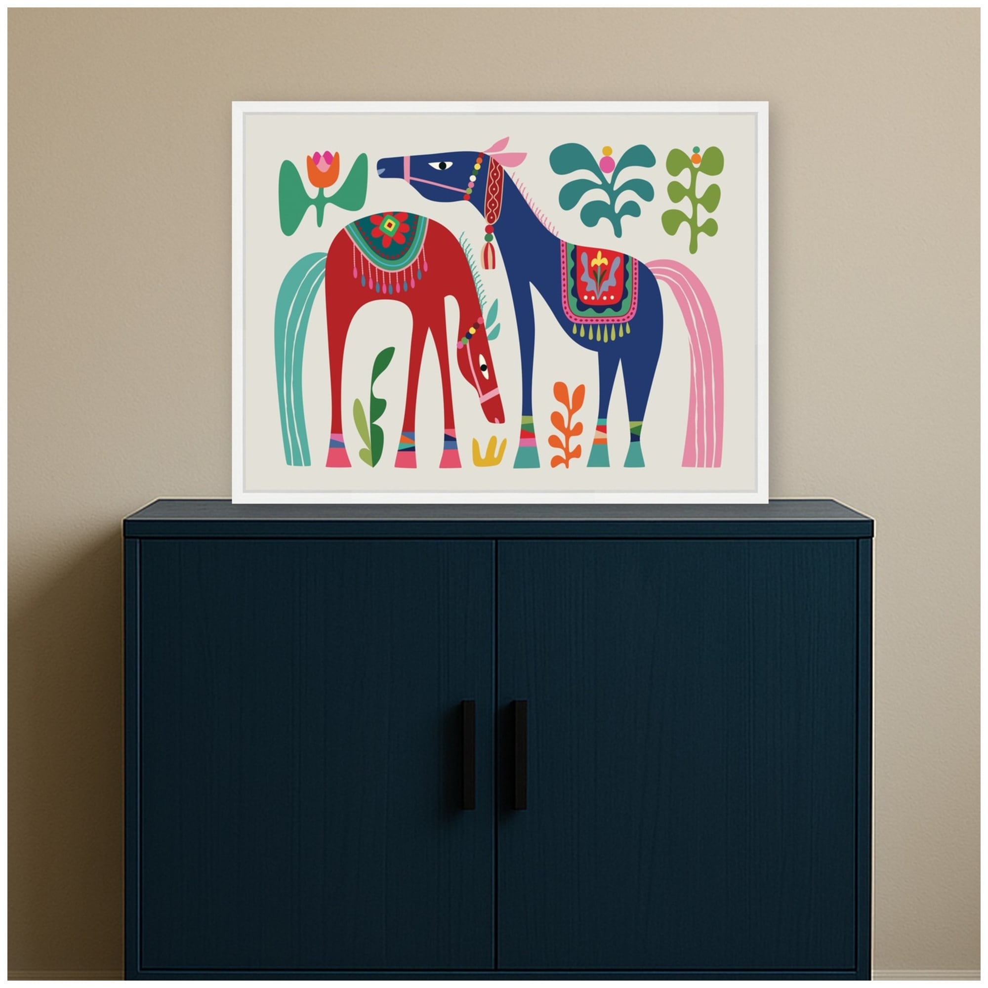 Kate And Laurel Two Horses By Rachel Lee 3 Birdies Studio Framed Canvas Wall Art Print
