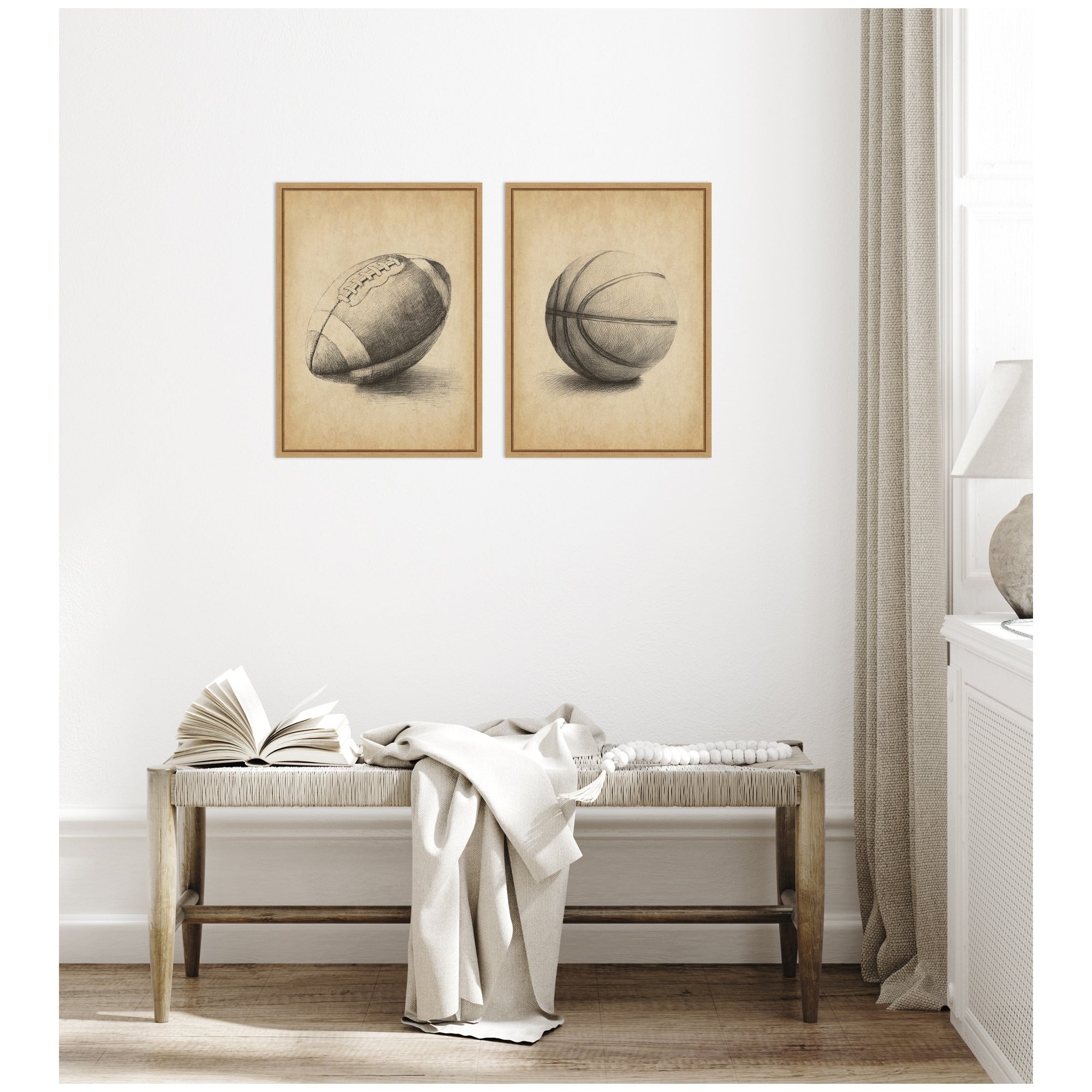 Kate And Laurel Vintage Football Basketball 2 Piece Framed Canvas Wall Art Set By The Creative Bunch Studio