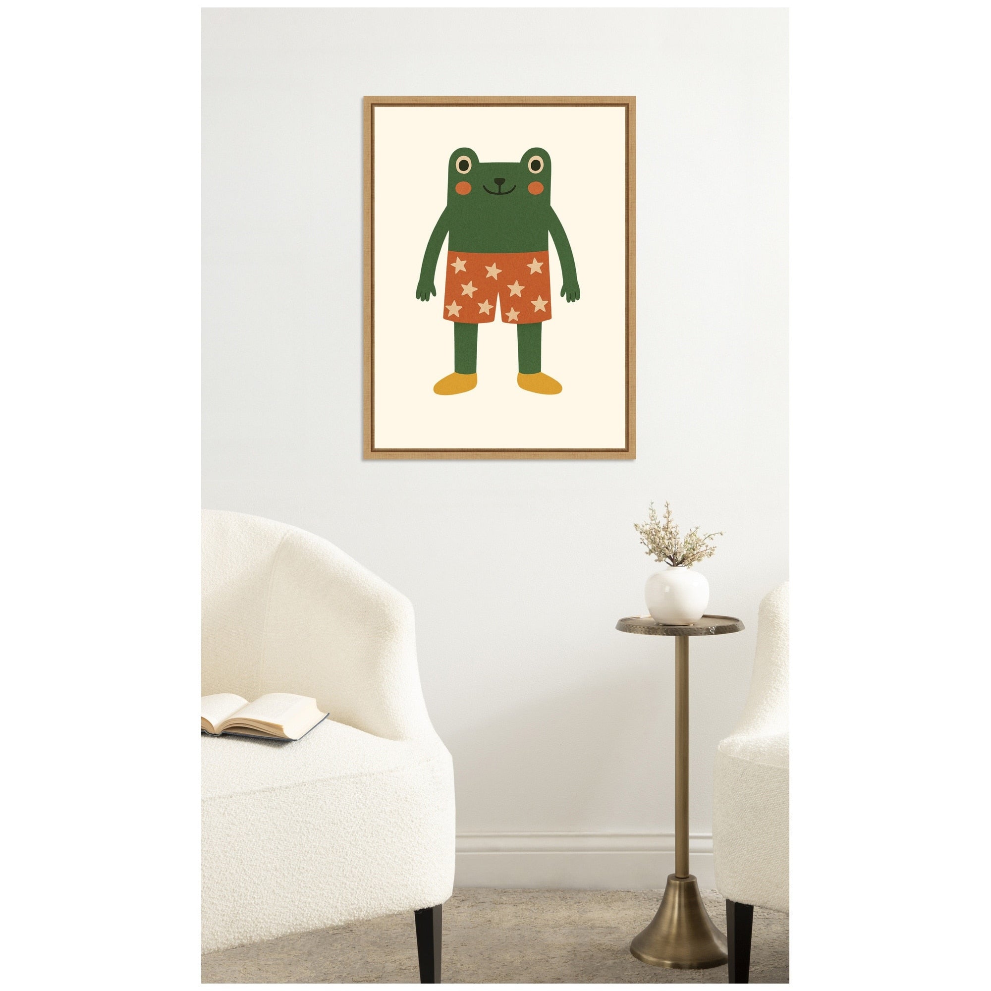Kate And Laurel Whimsical Frog With Star Shorts By Laura Moss Framed Canvas Wall Art Print