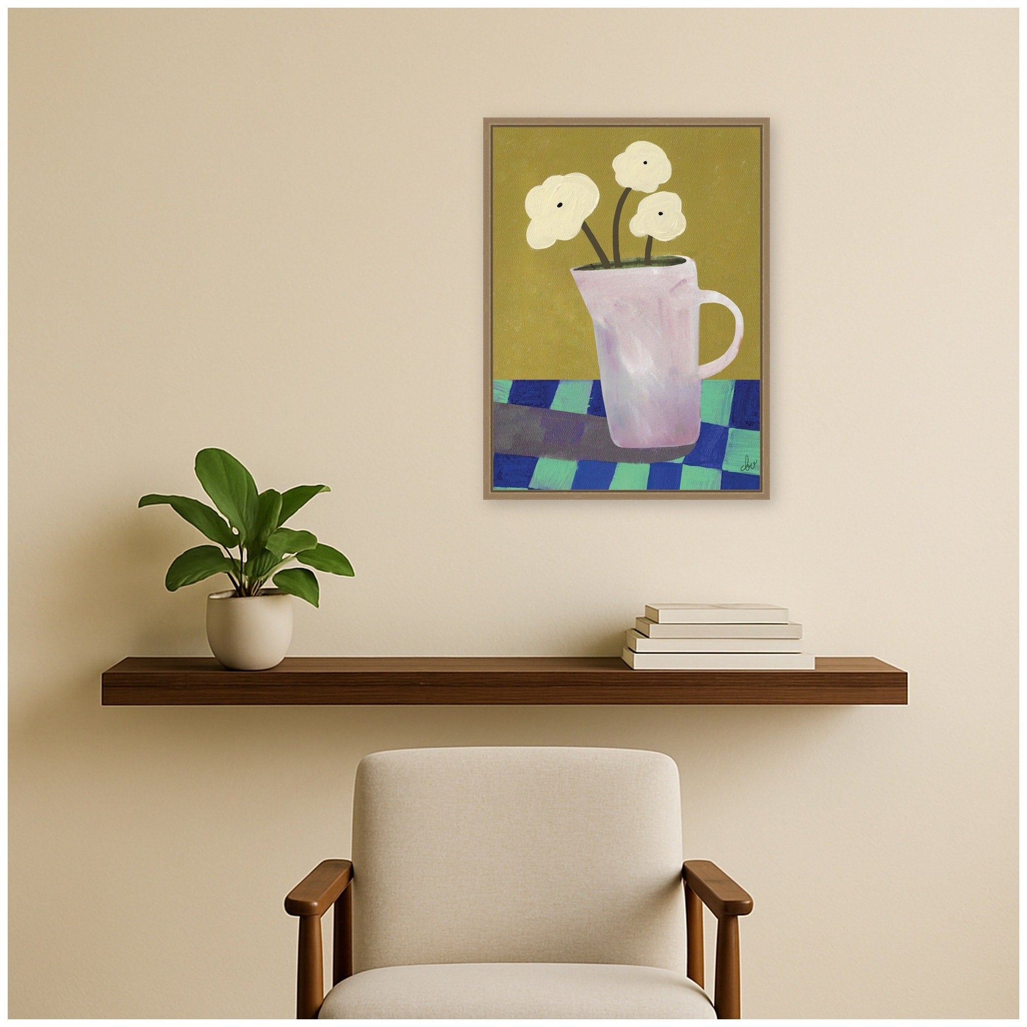Kate And Laurel White Flowers And Checkers By Cris Villa Studio Framed Canvas Wall Art Print