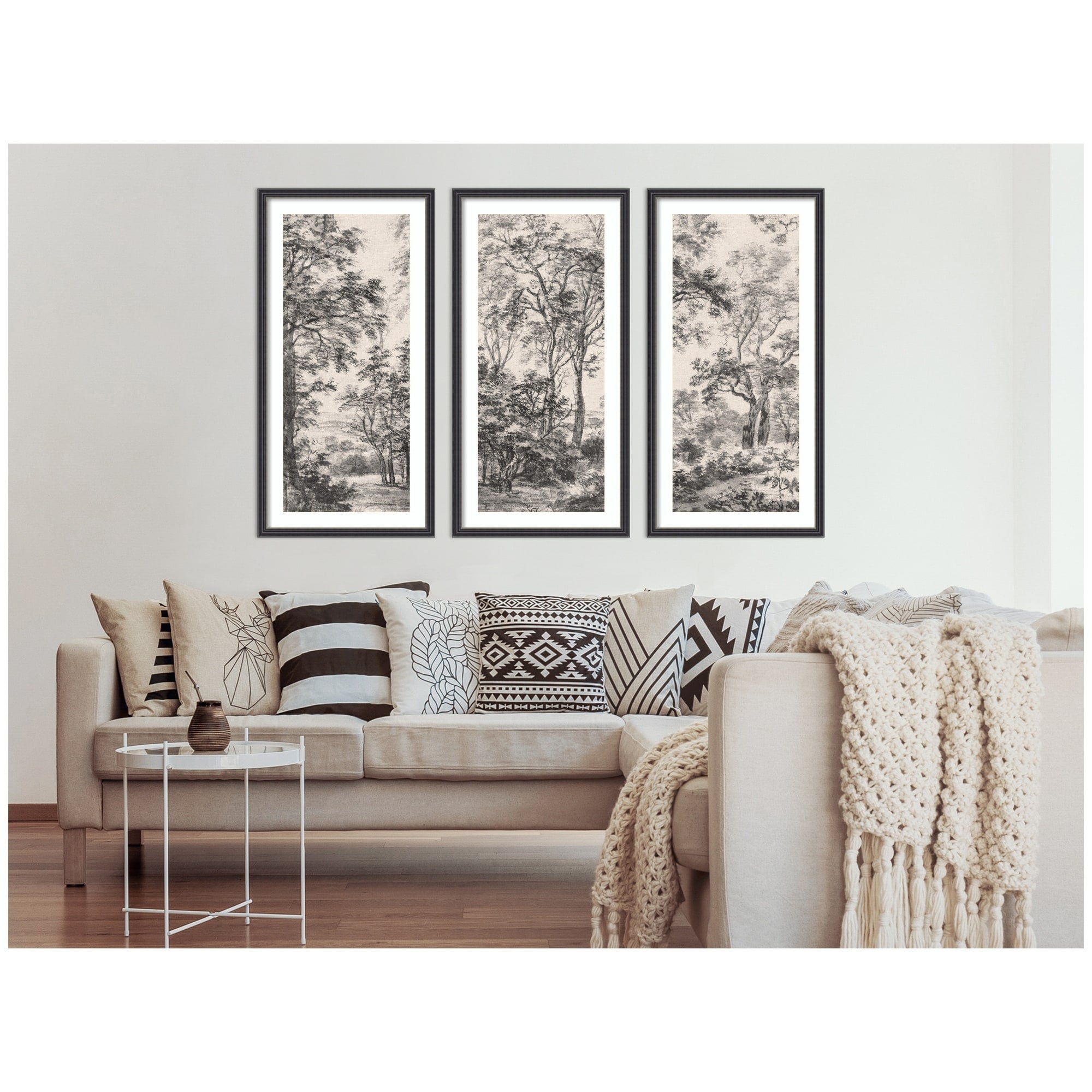 Kate And Laurel Wooded Landscape After 1648 Antonie Waterloo Linen Panel 3 Piece Framed Wall Art Print Set By Nostalgia Prints