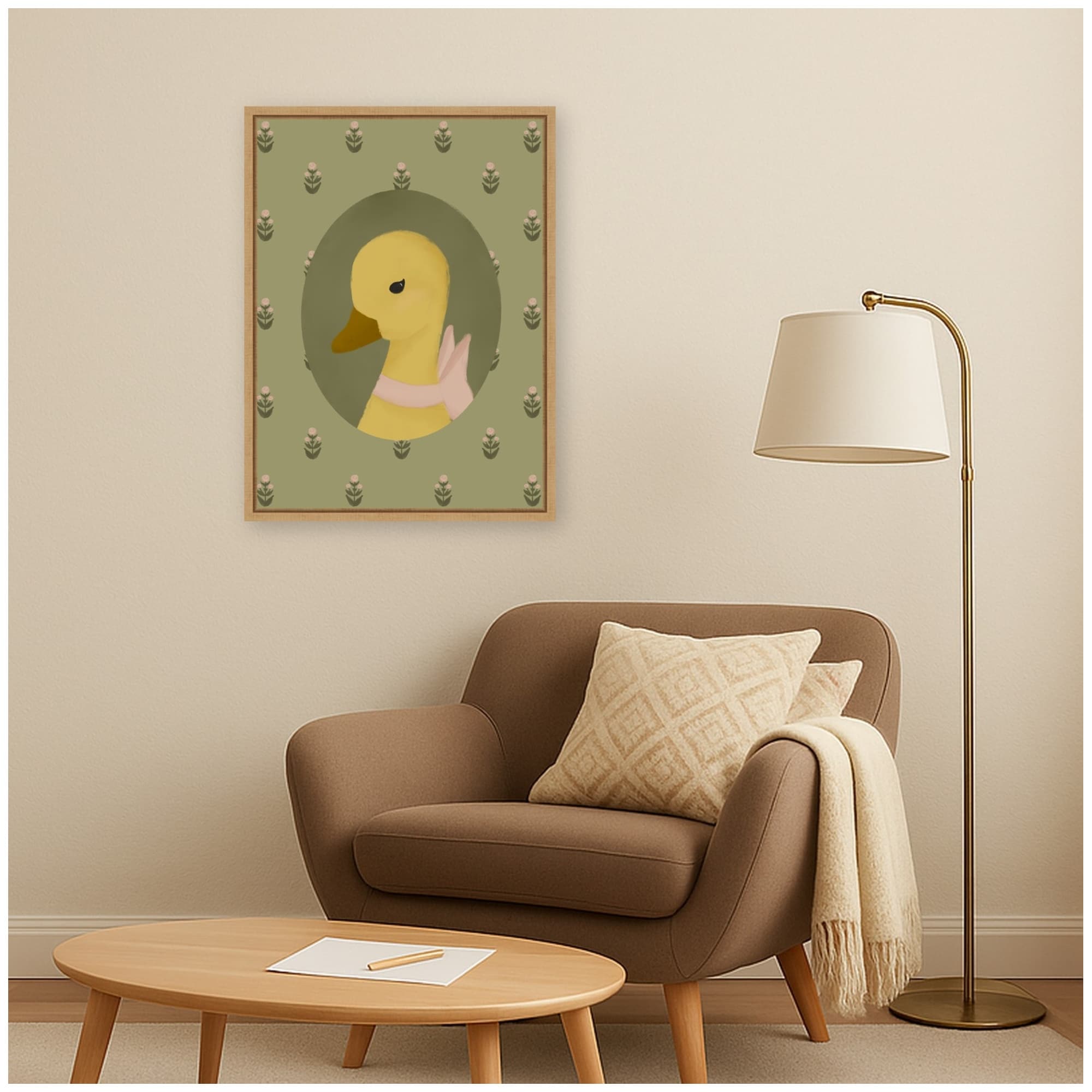 Kate And Laurel Yellow Duck Green Floral By Molly Dillon From The Lil Dills Shop Framed Canvas Wall Art Print