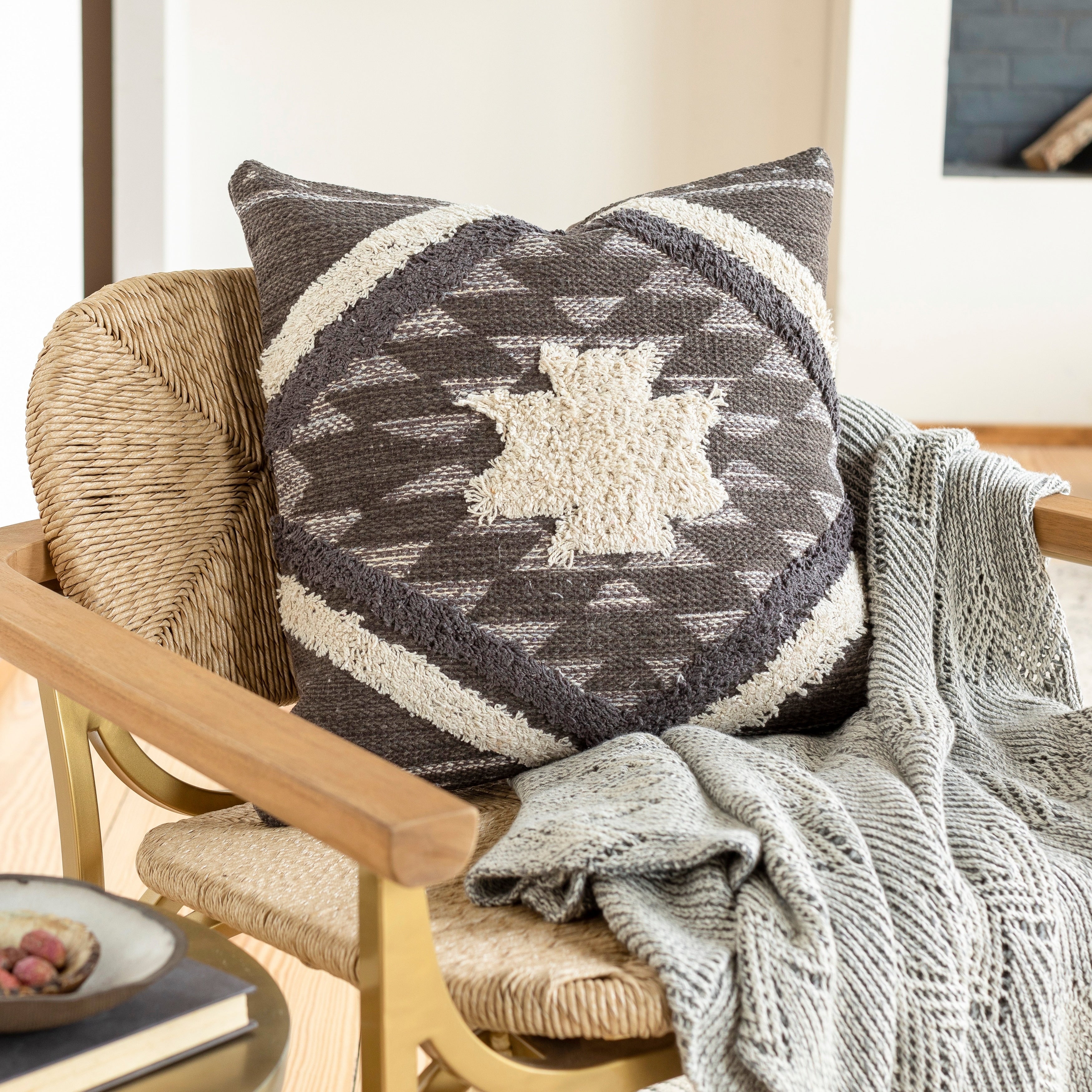 Katherine Black Cream Boho Shag Poly Fill Throw Pillow 22 X 22