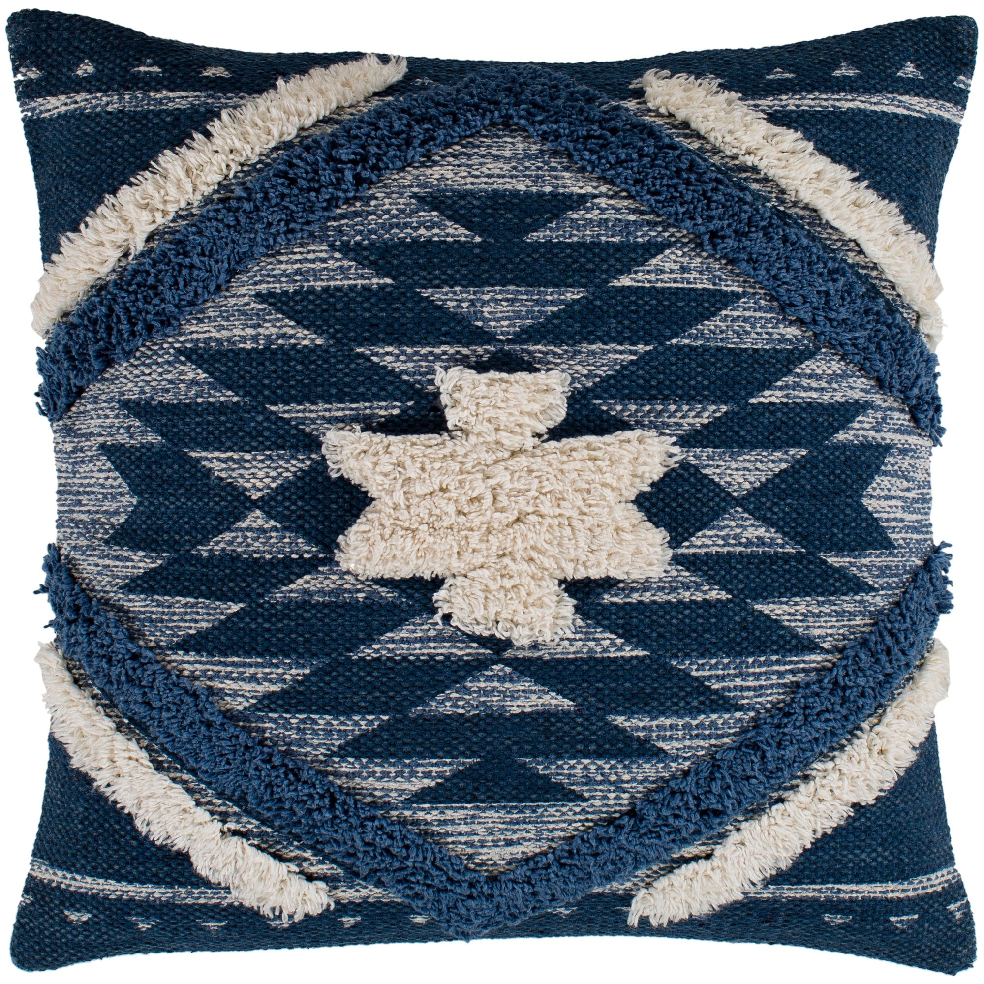 Katherine Denim Cream Boho Shag Poly Fill Throw Pillow 22 X 22