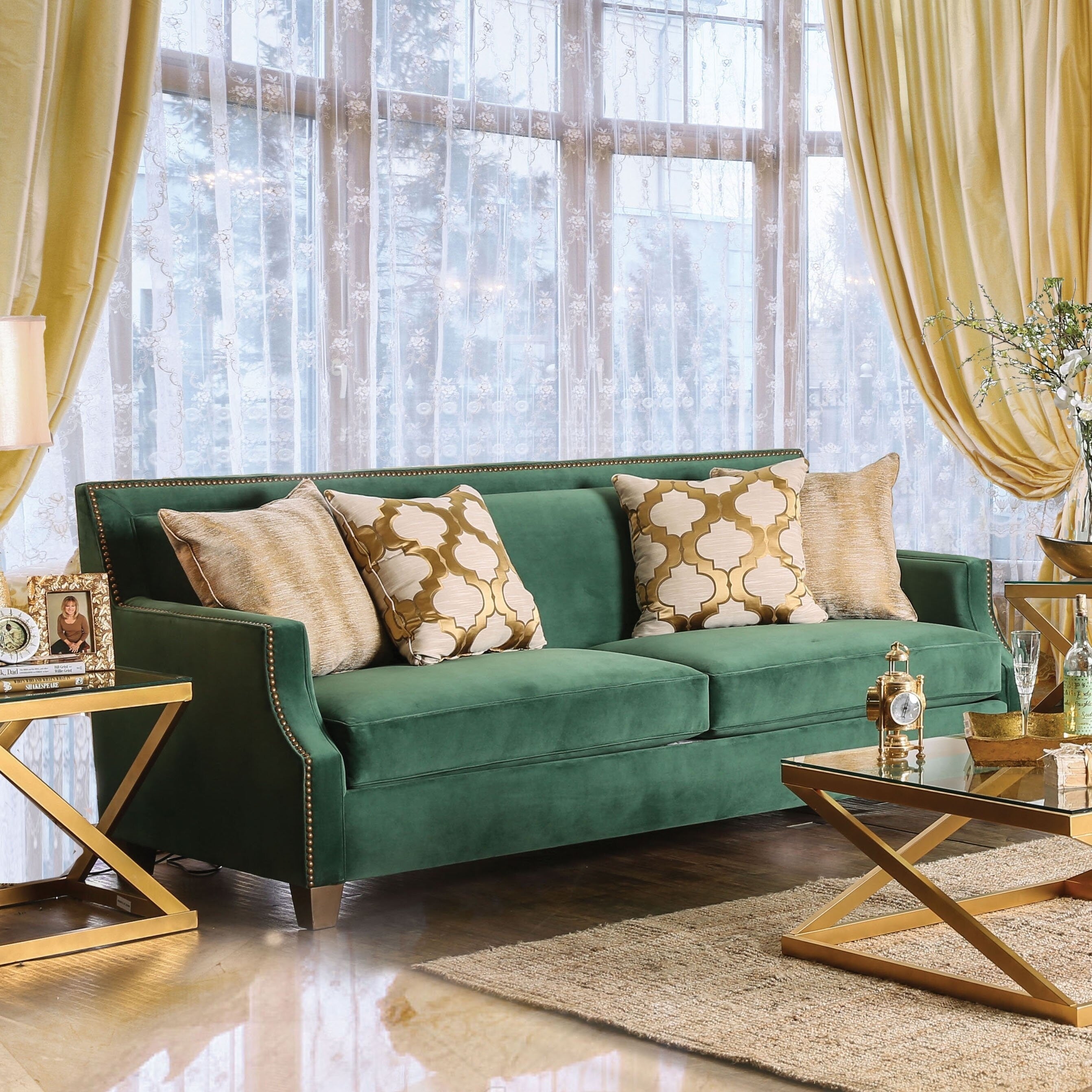 Katrina Contemporary Nailhead Microfiber Emerald Green Sofa By Furniture Of America