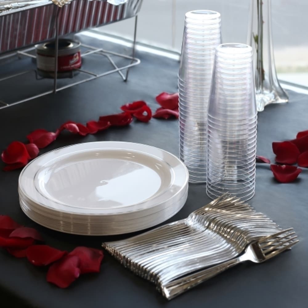 Disposable White And Metallic Rim Plastic Buffet Party Package For Partys And Weddings