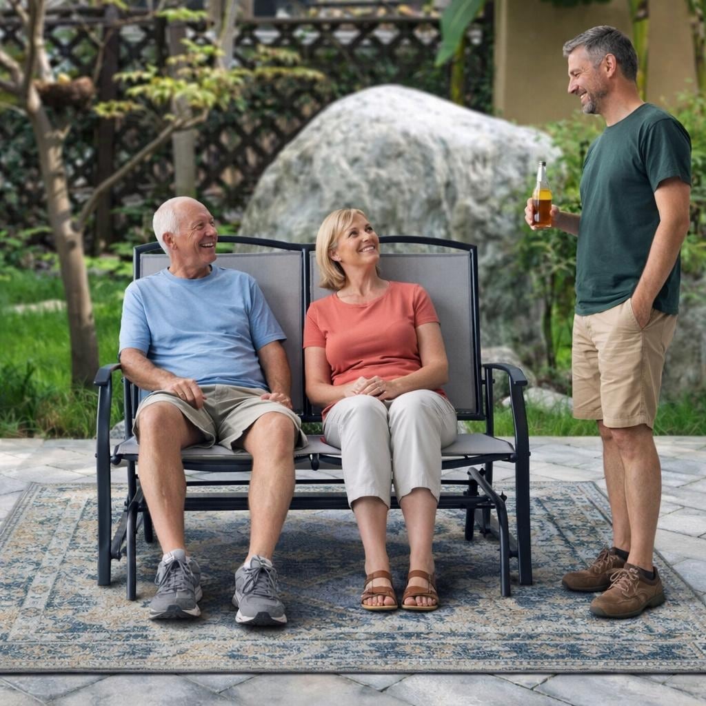 Kaycey 2 Person Black Metal Outdoor Loveseat Glider With Mix Grey Sling N A