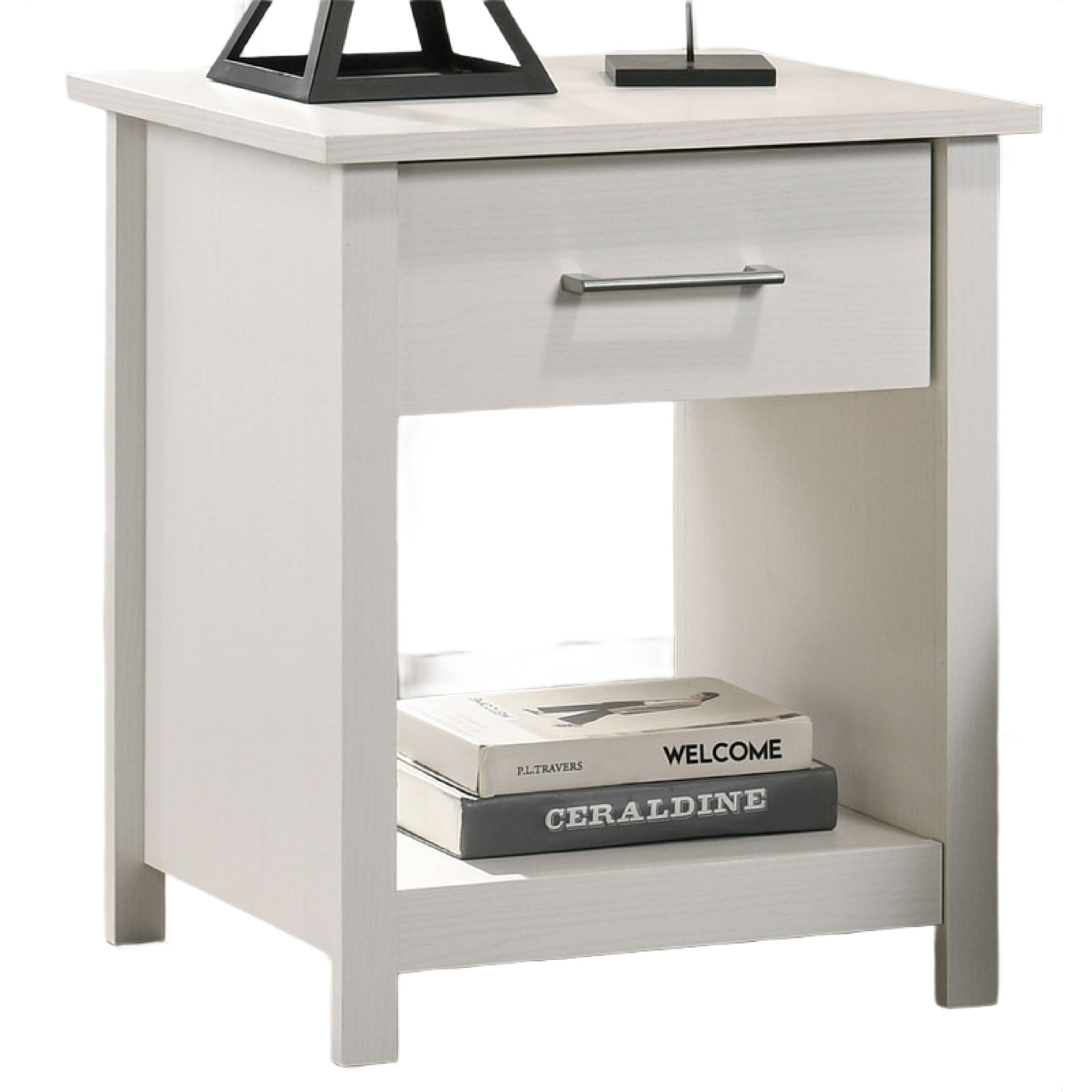 Kele Nightstand 1 Drawer With Silver Handle 1 Lower Open Shelf White