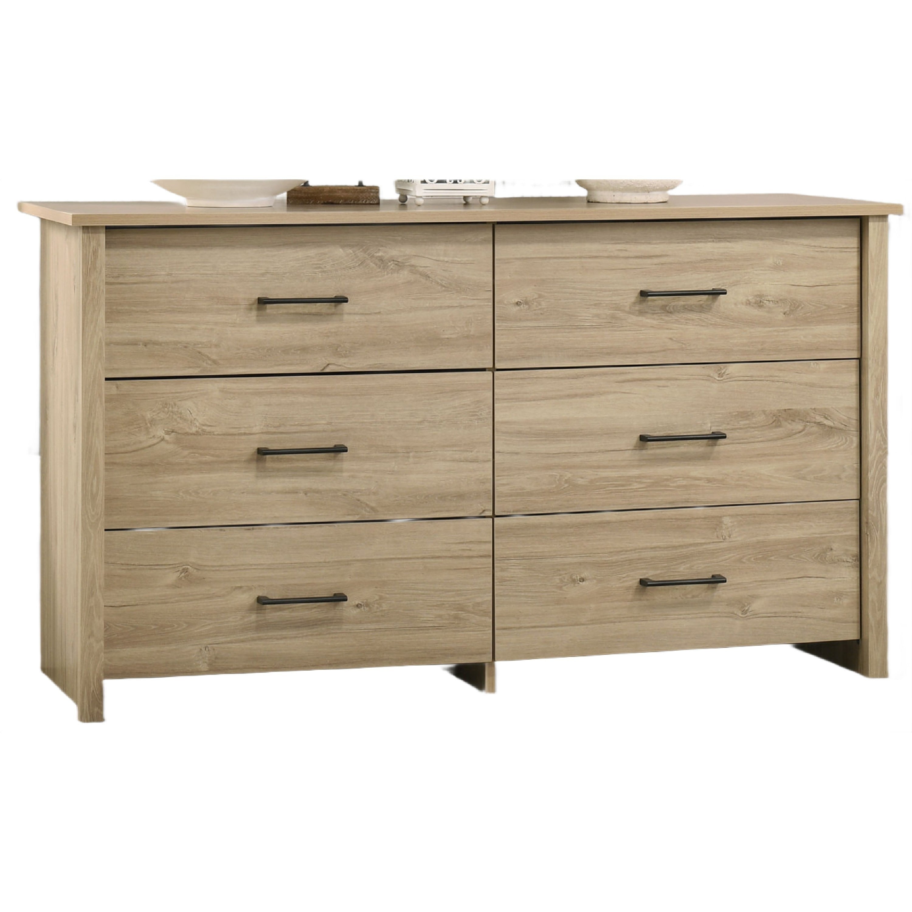 Kele Wide Dresser 6 Drawers With Black Handles Light Oak Brown