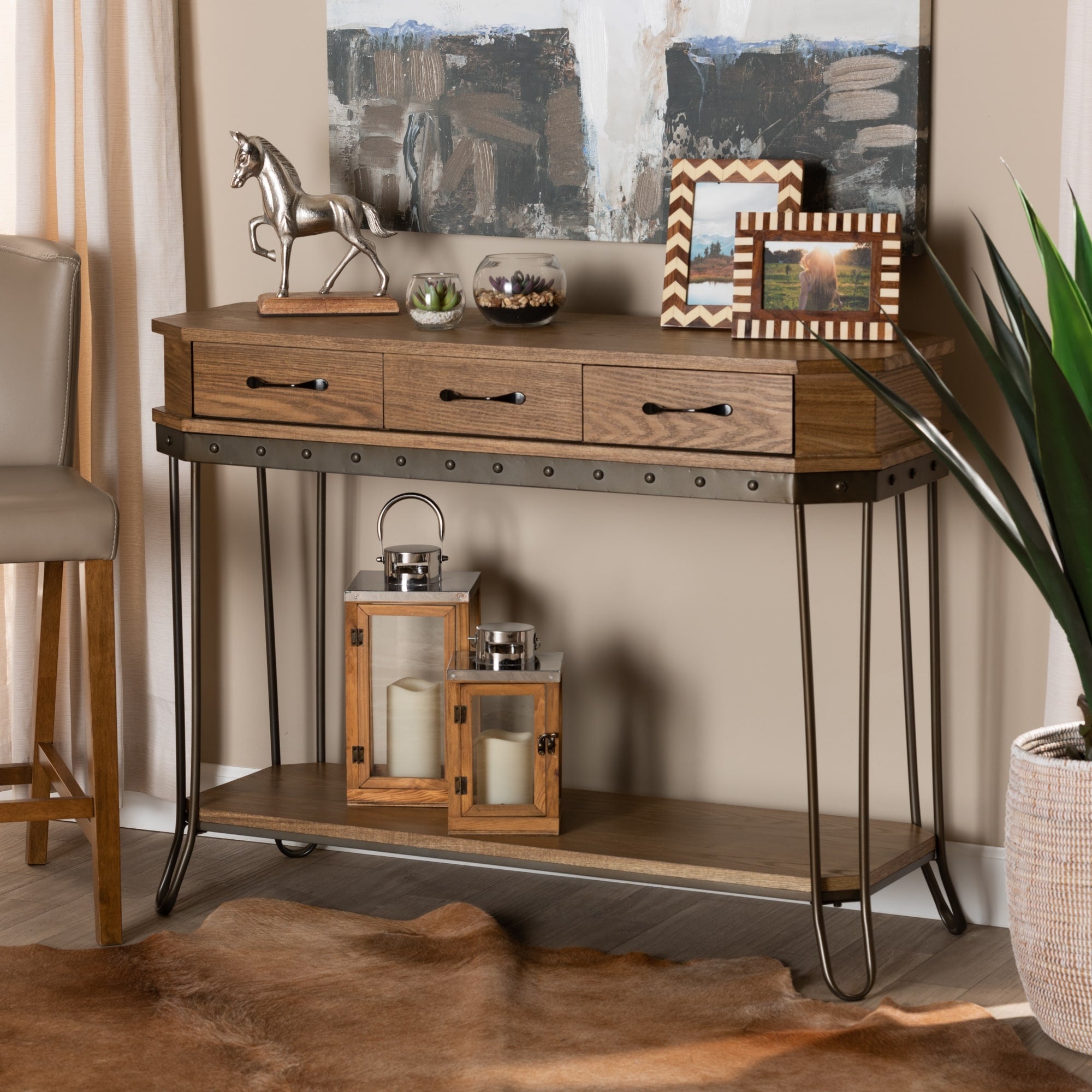 Kellyn Oak Brown Wood And Black Metal 3 Drawer Console Table