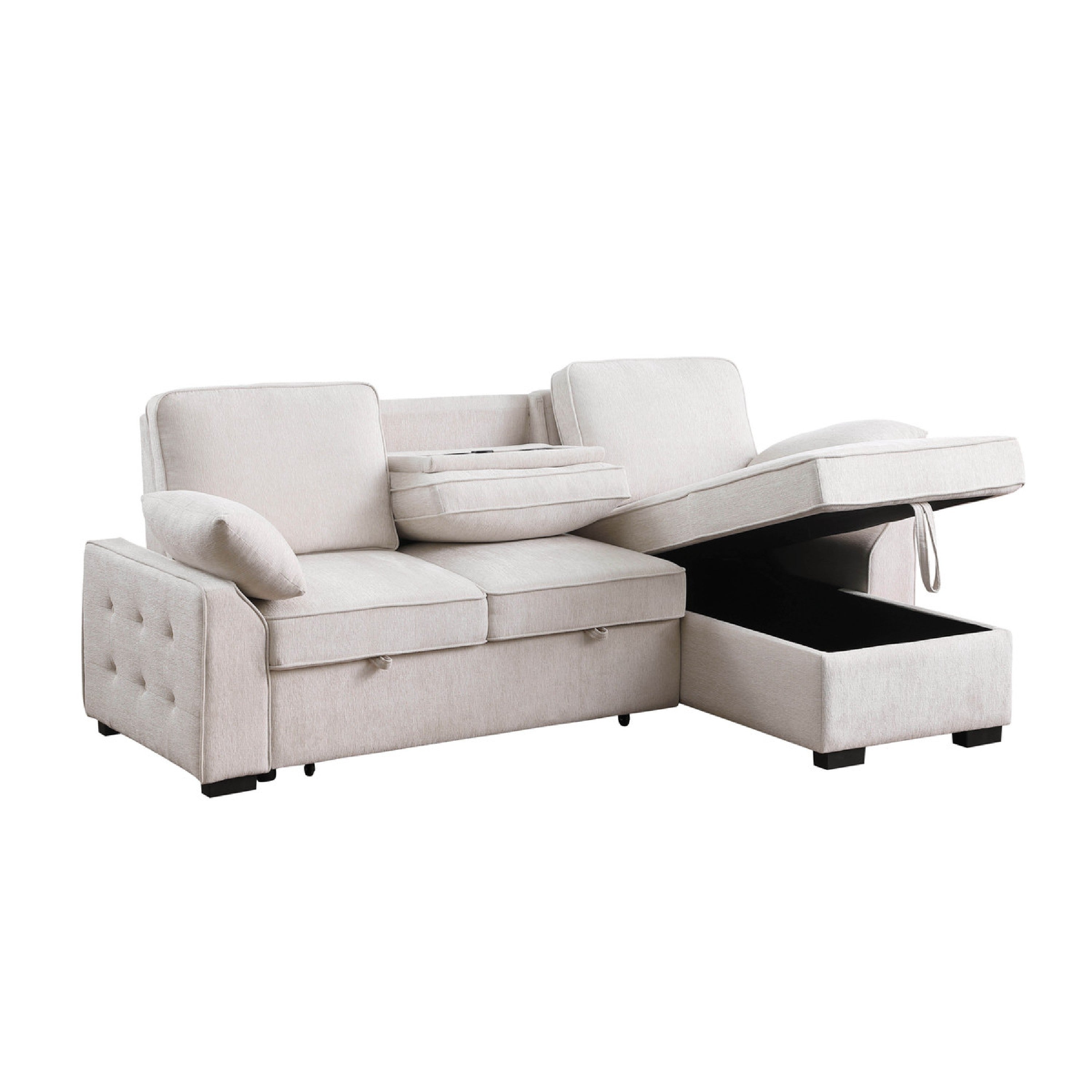Ken 91In Sleeper Sectional Sofa With Storage Chaise And Usb Beige Chenille