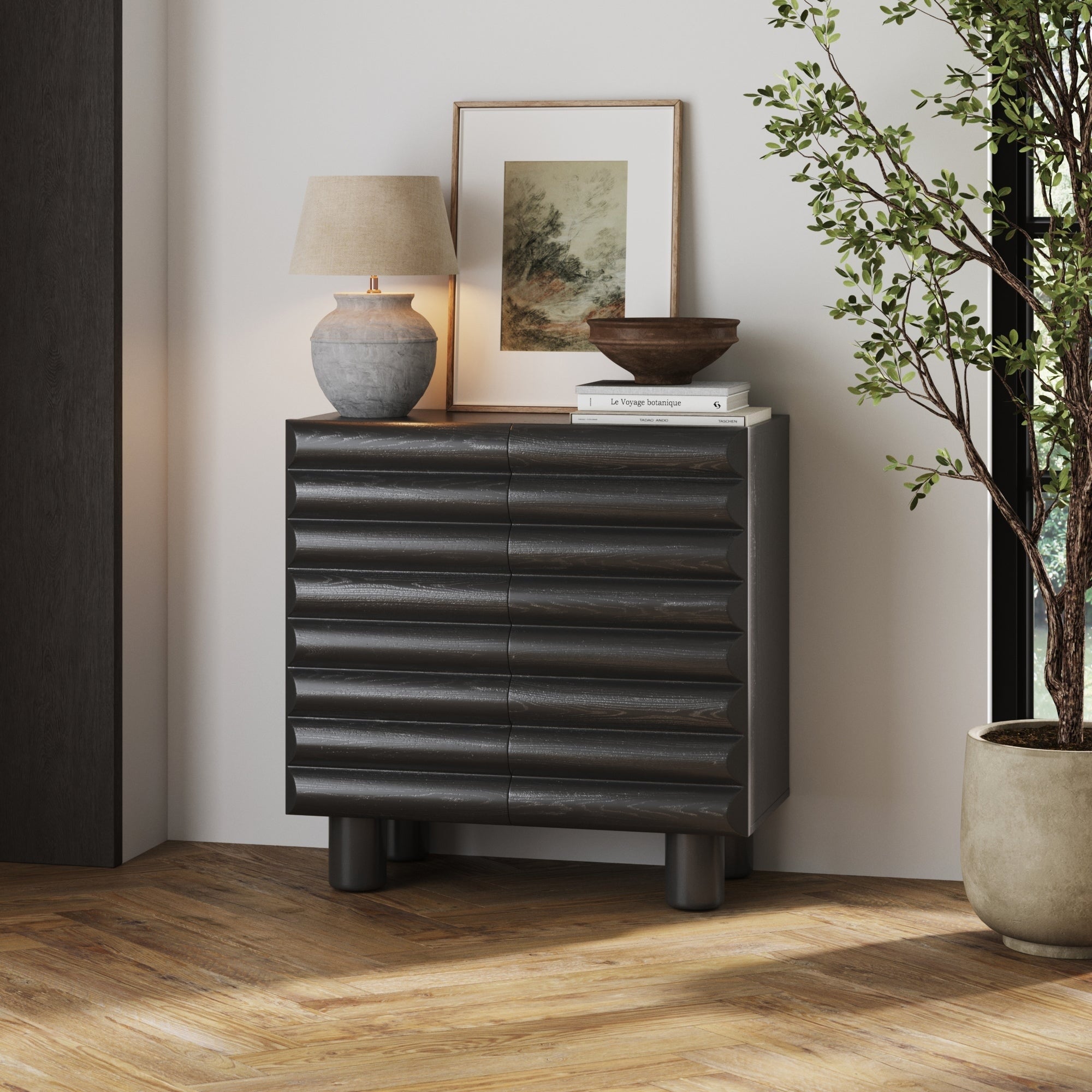 Kendra Modern Accent Cabinet With Sculpted Door Black Contemporary Kitchen Storage Cabinet