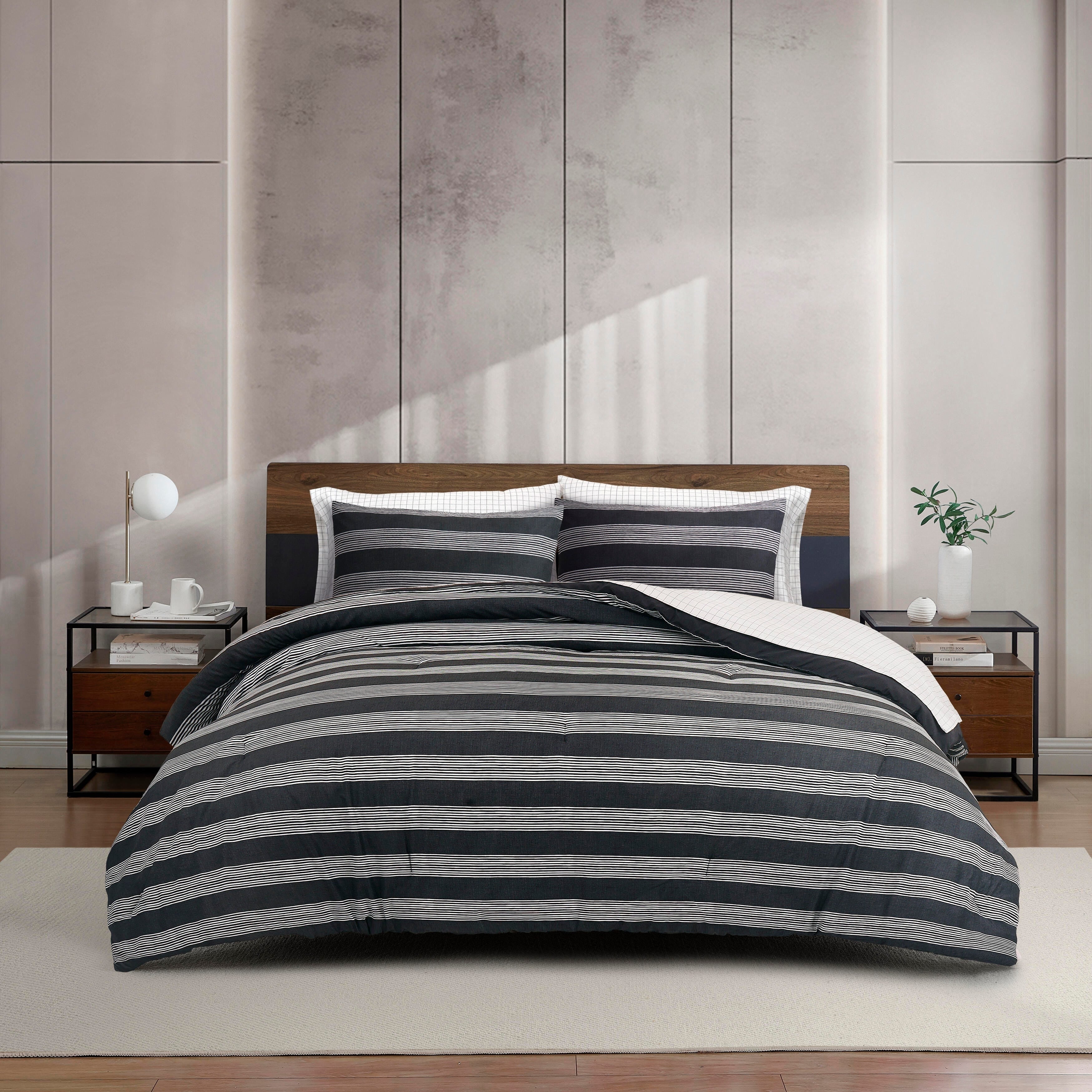 Kenneth Cole Banded Stripe Textured Black 7 Piece Comforter Bonus Set
