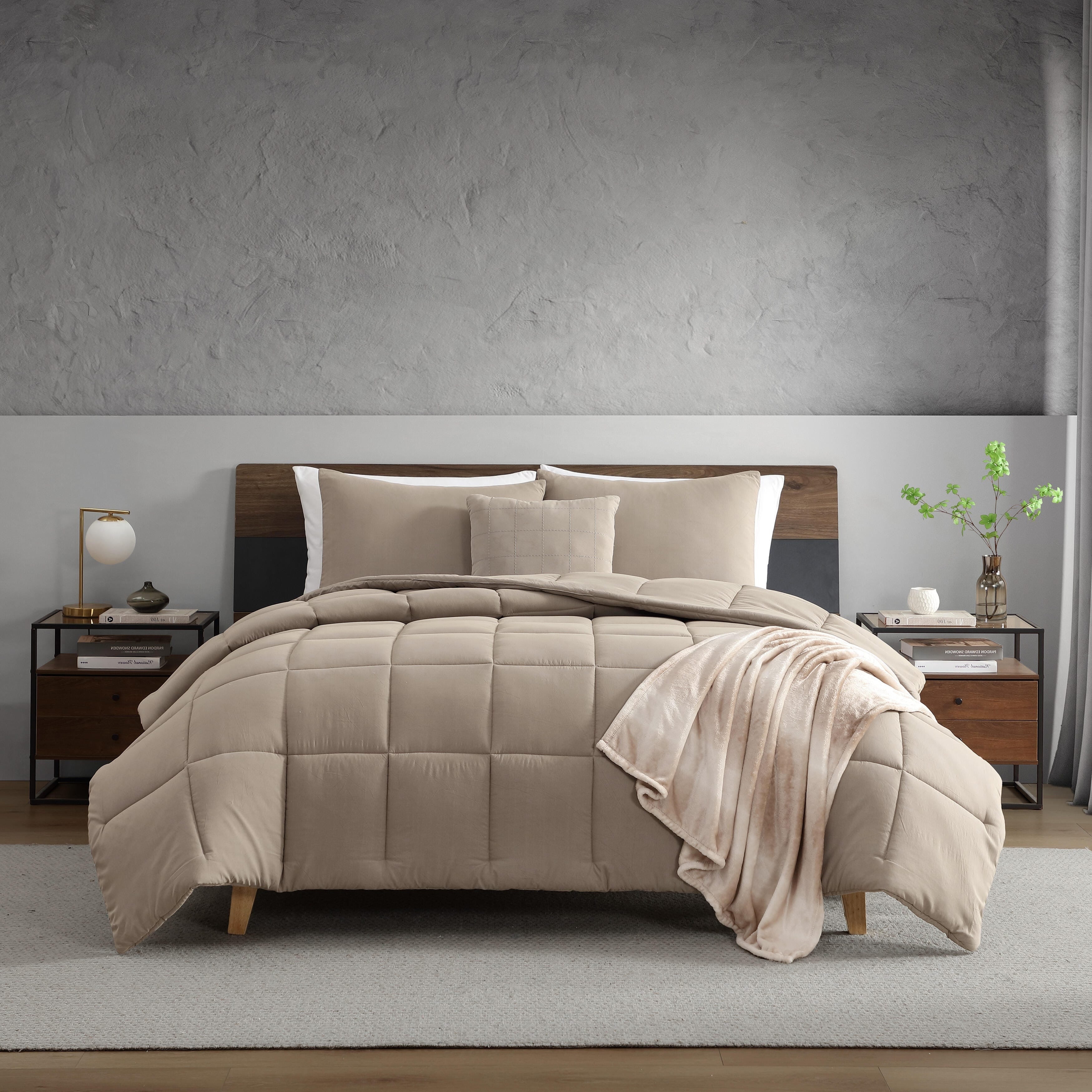 Kenneth Cole Reaction Box Stitch Stonewashed Solid Comforter Set Reversible Brown 5 Piece