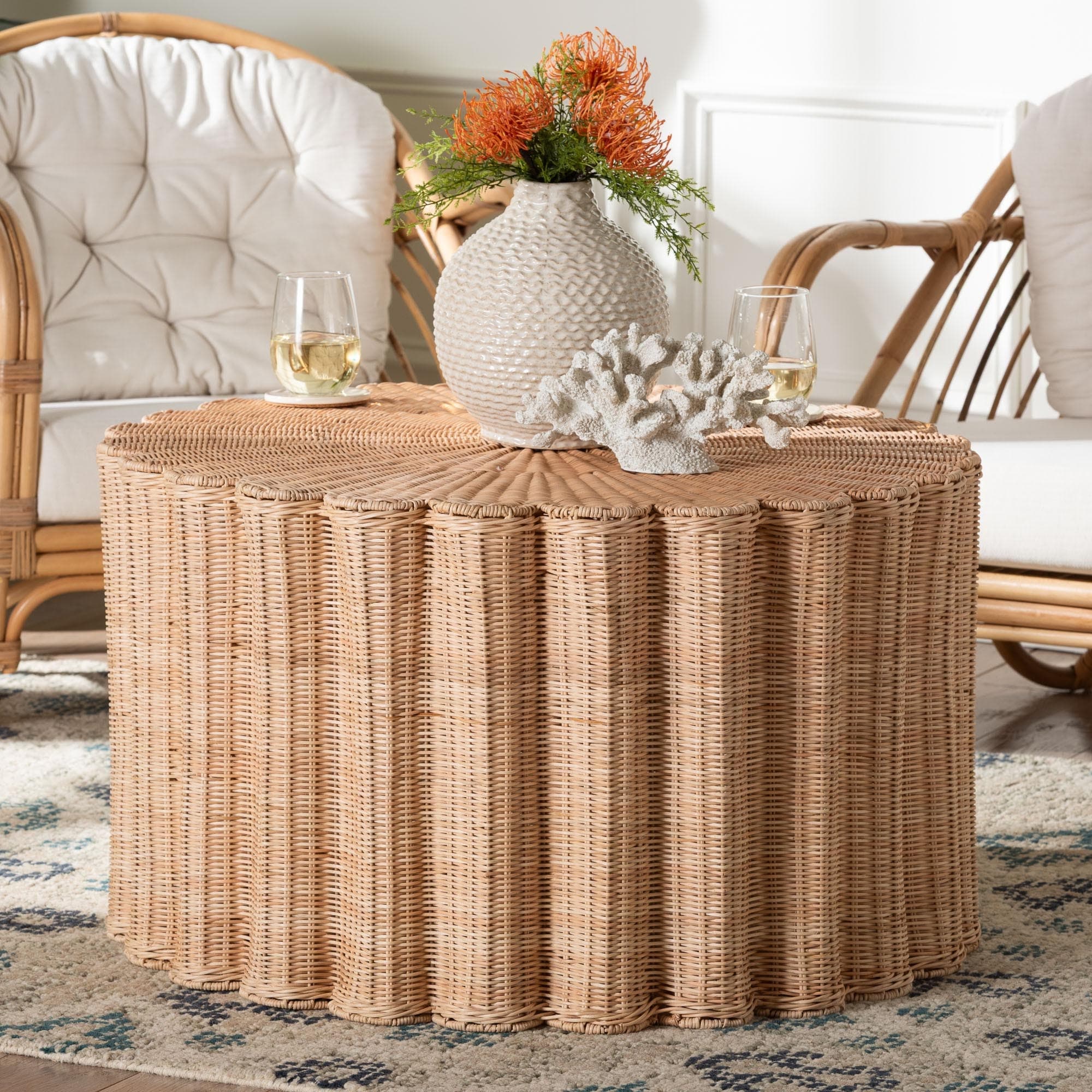 Kensley Natural Rattan Coffee Table Handwoven Wicker Round Accent Table With Scalloped Silhouette Boho Coastal D Cor