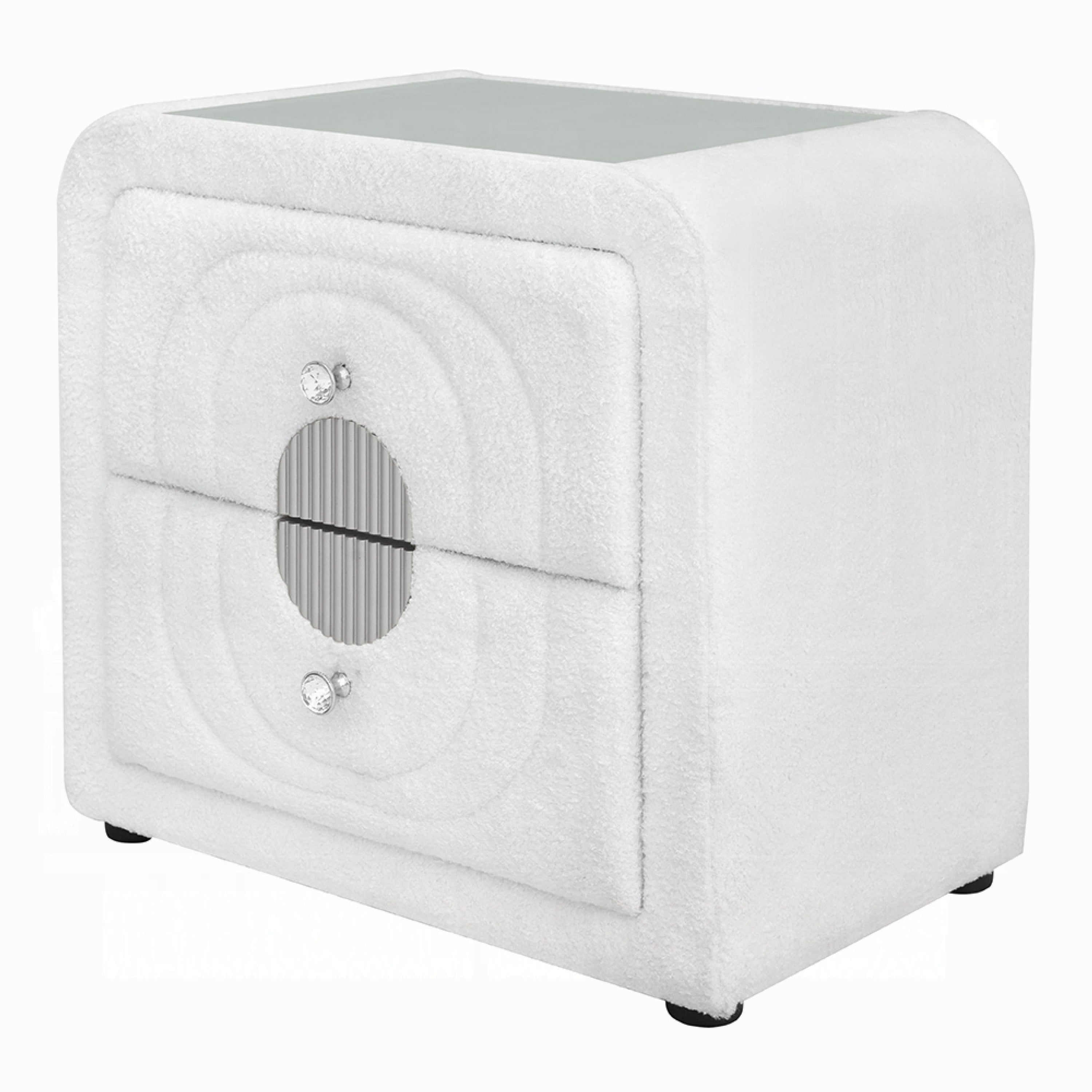 Kery Glass Top Nightstand 2 Drawers White Teddy Sherpa Upholstery