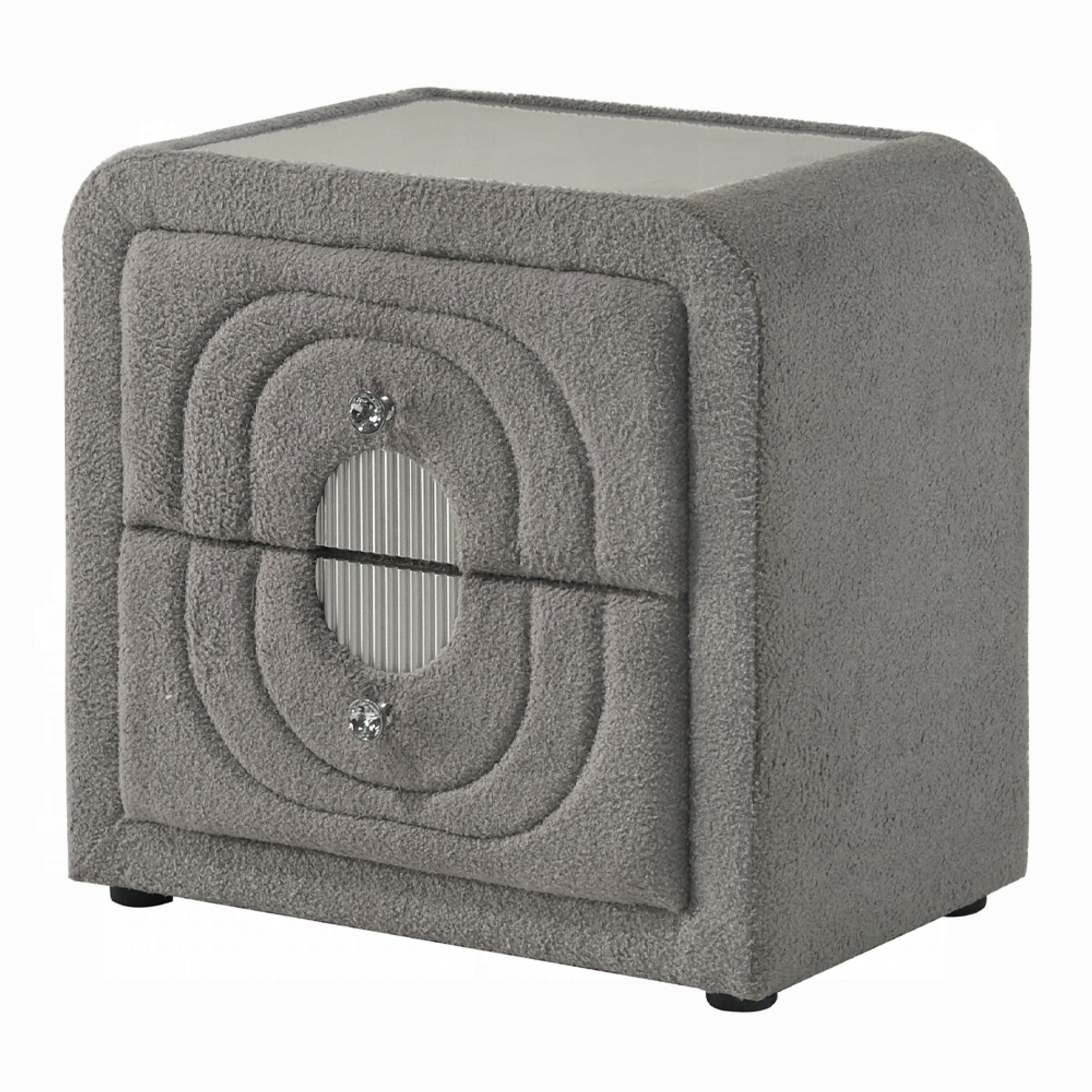 Kery Nightstand 2 Drawers Glass Top Gray Teddy Sherpa Upholstery