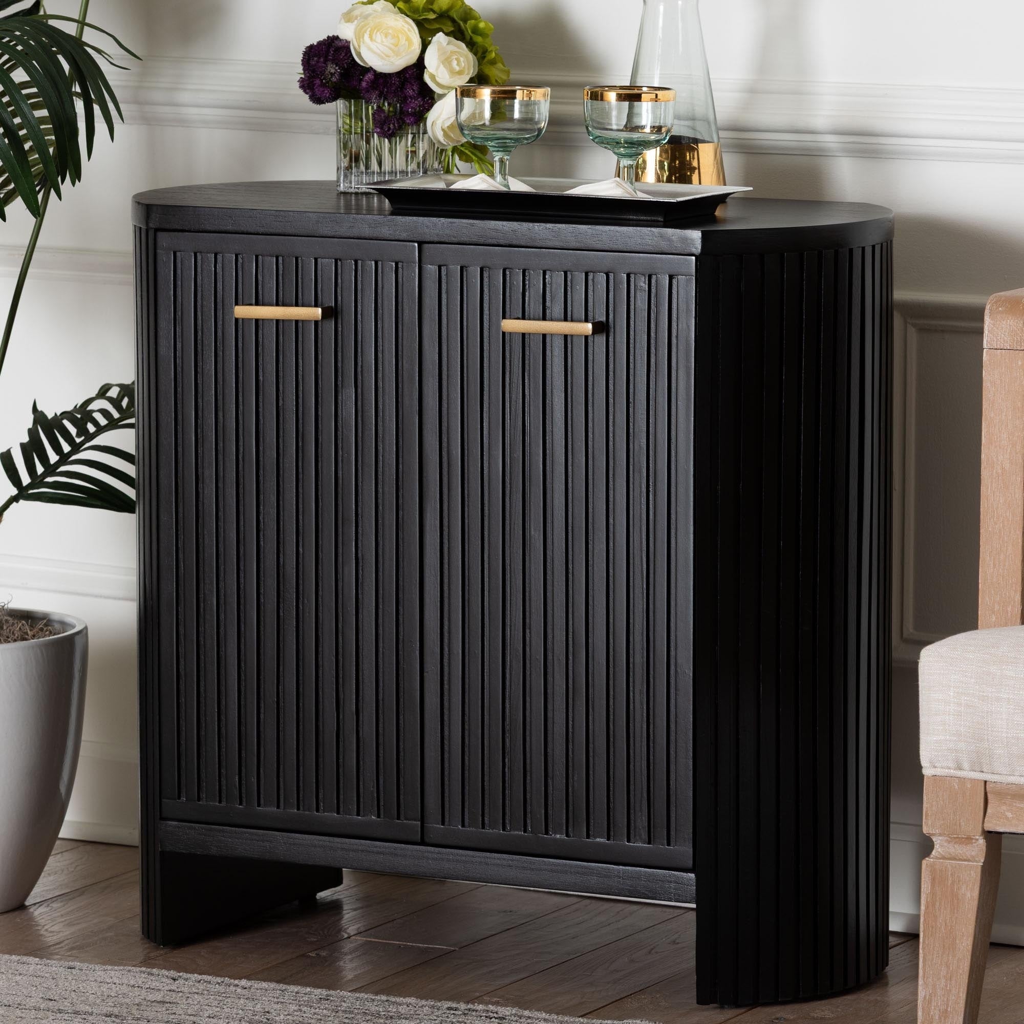 Keshet Fluted Wood Storage Cabinet 2 Door Accent Cabinet With Vertical Slat Panels And Metal Door Pulls For Living Room
