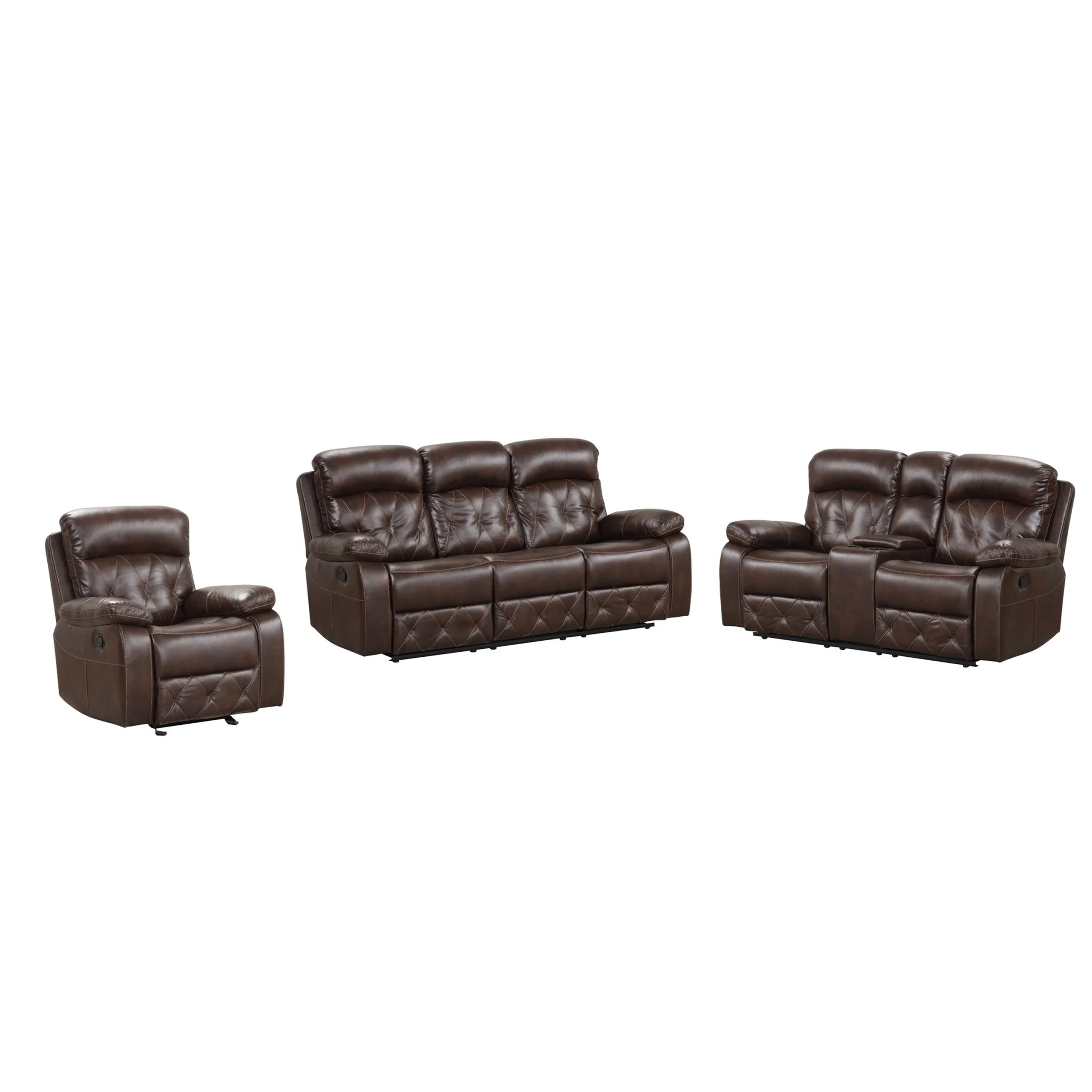 Kesy 3Pc Manual Reclining Sofa Loveseat And Chair Set Brown Faux Leather