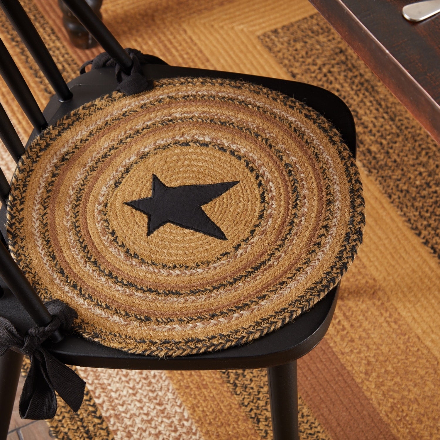 Vhc Brands Primitive Tabletop Kitchen Prim Grove Star Tan Jute Appliqued Round Chair Pad Set Of 6