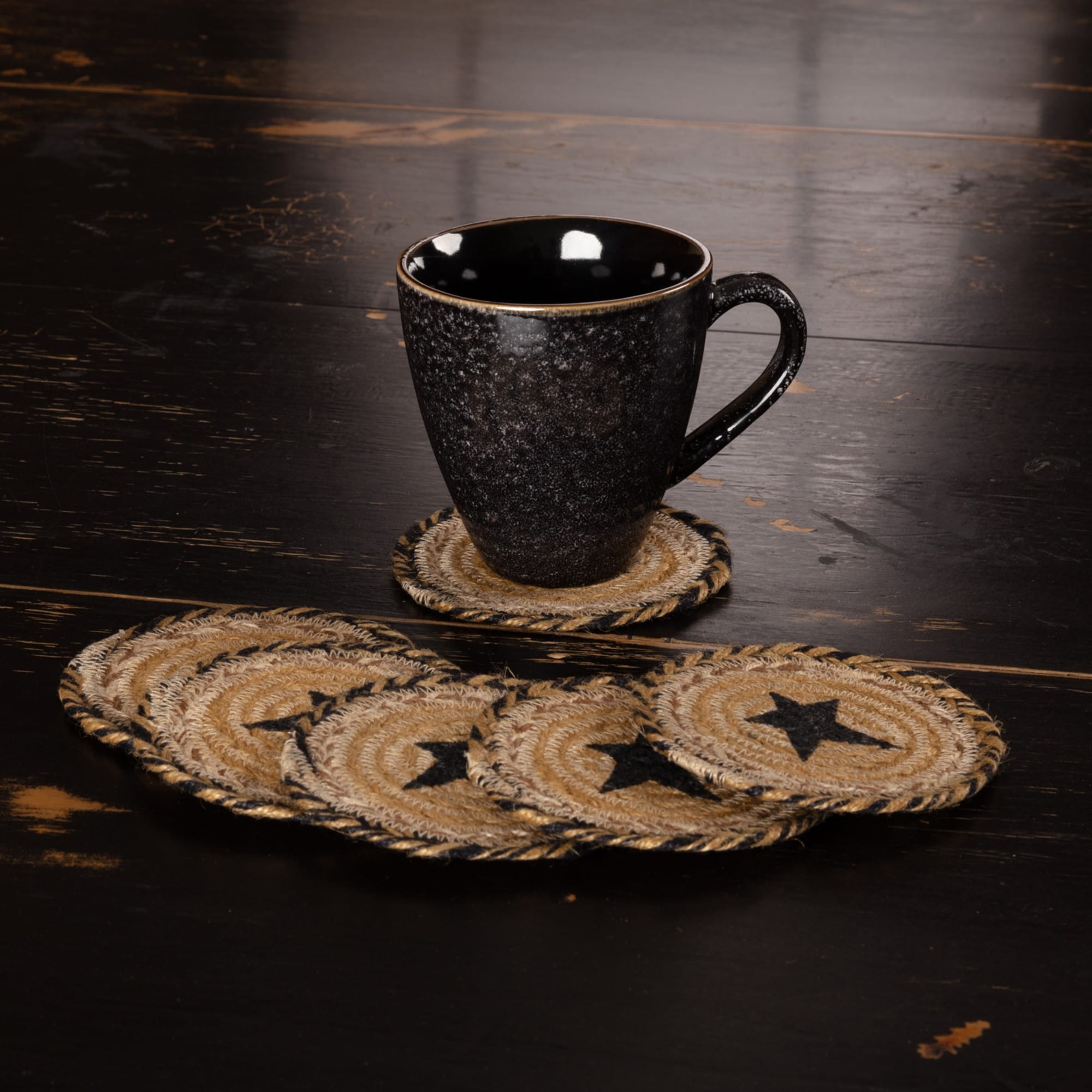 Vhc Brands Prim Grove Star Tan Jute Primitive Stenciled Coaster Set Of 6