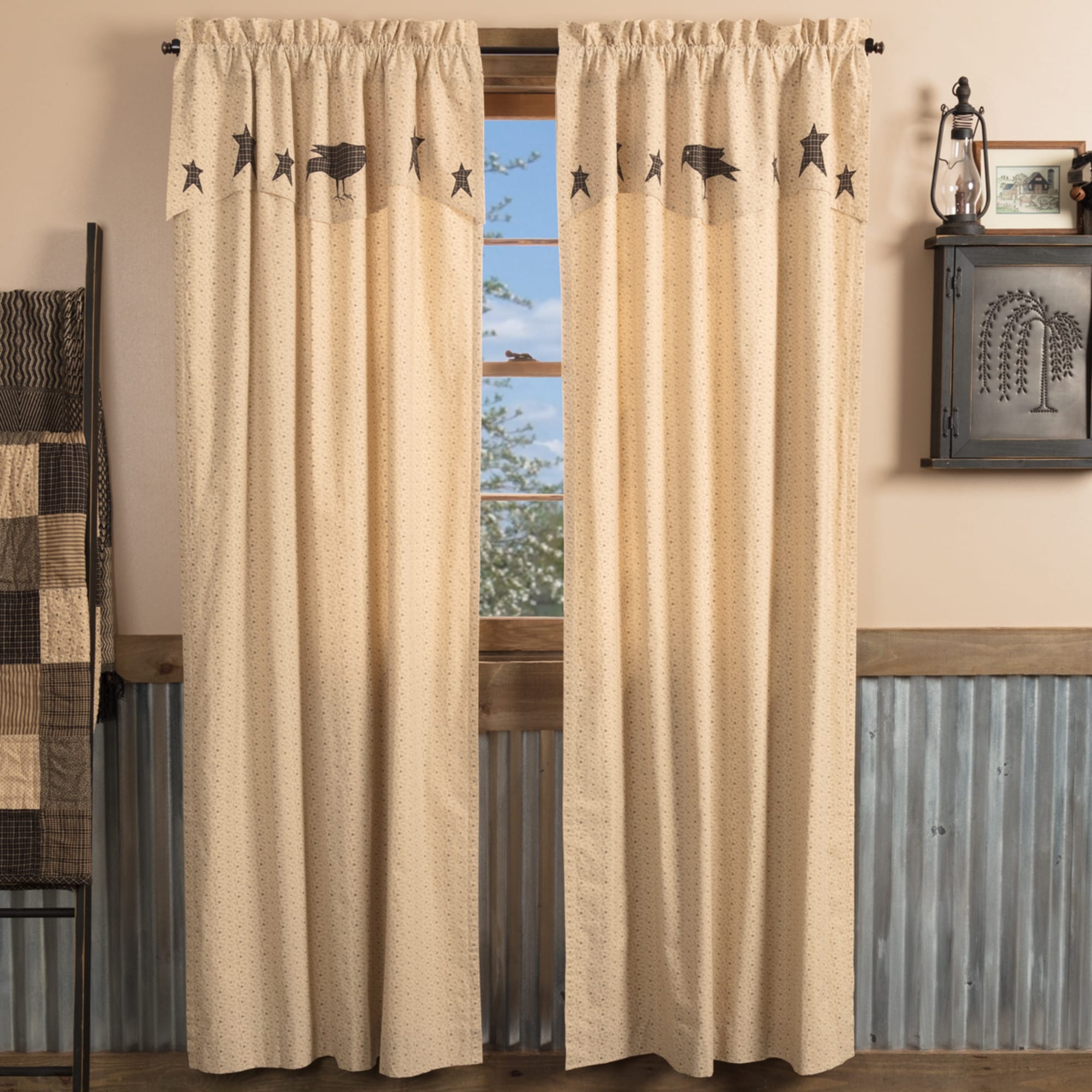 Vhc Dark Creme Tan Primitive Country Curtains Kettle Grove Crow And Star Floral Panel With Valance Pair