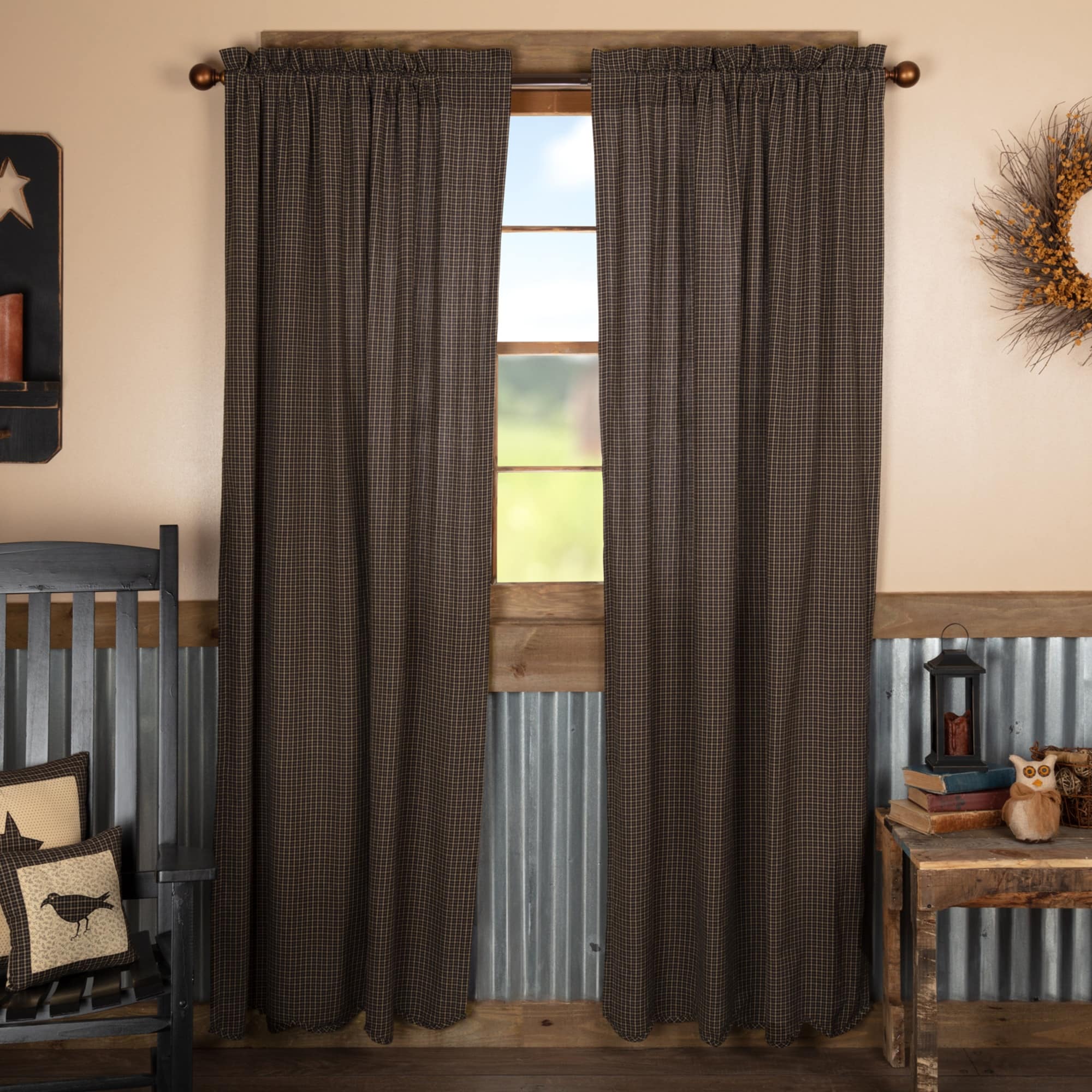 Black Primitive Curtains Prim Grove Plaid Panel Pair Rod Pocket Cotton