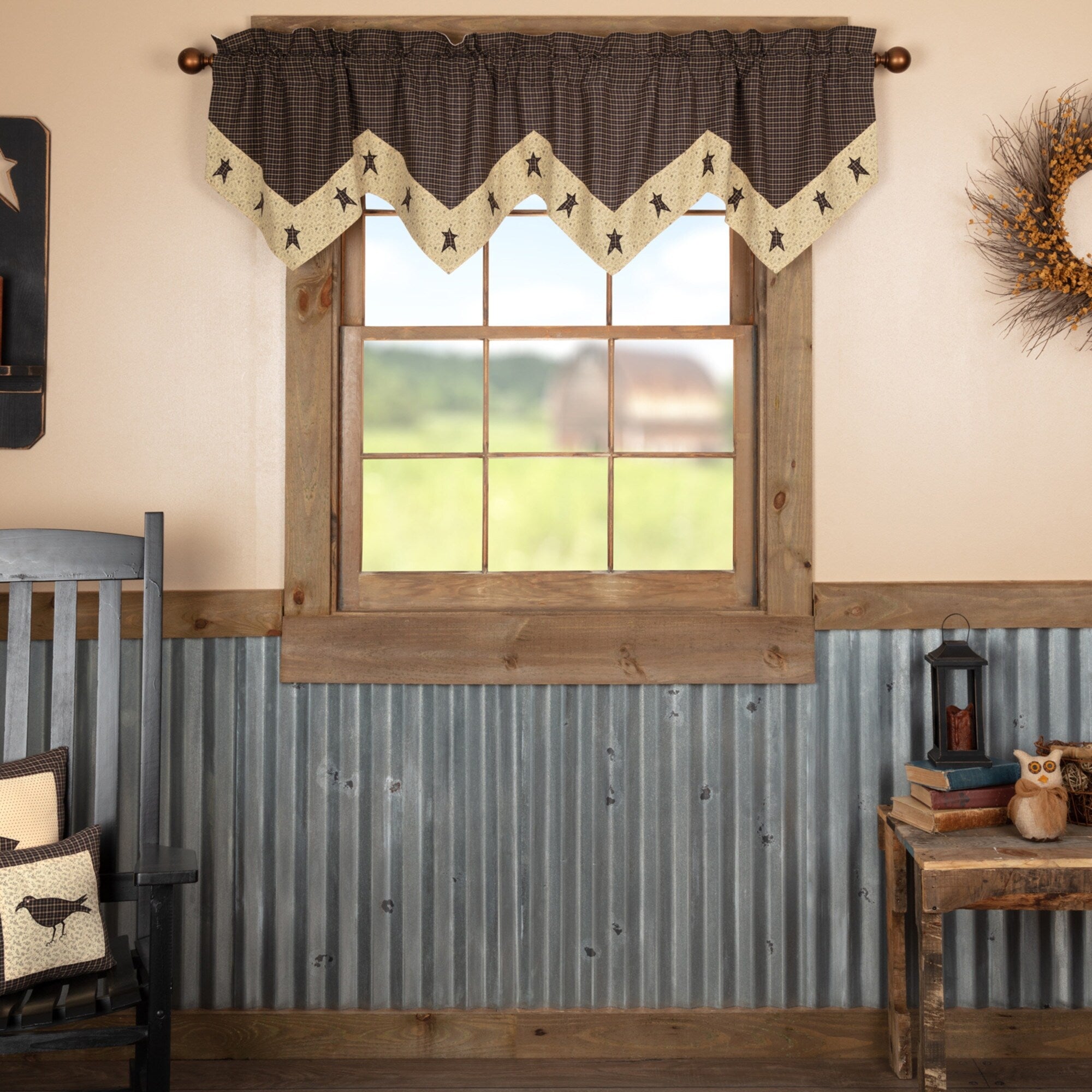 Black Primitive Kitchen Curtains Prim Grove Star Valance Rod Pocket Cotton Appliqued