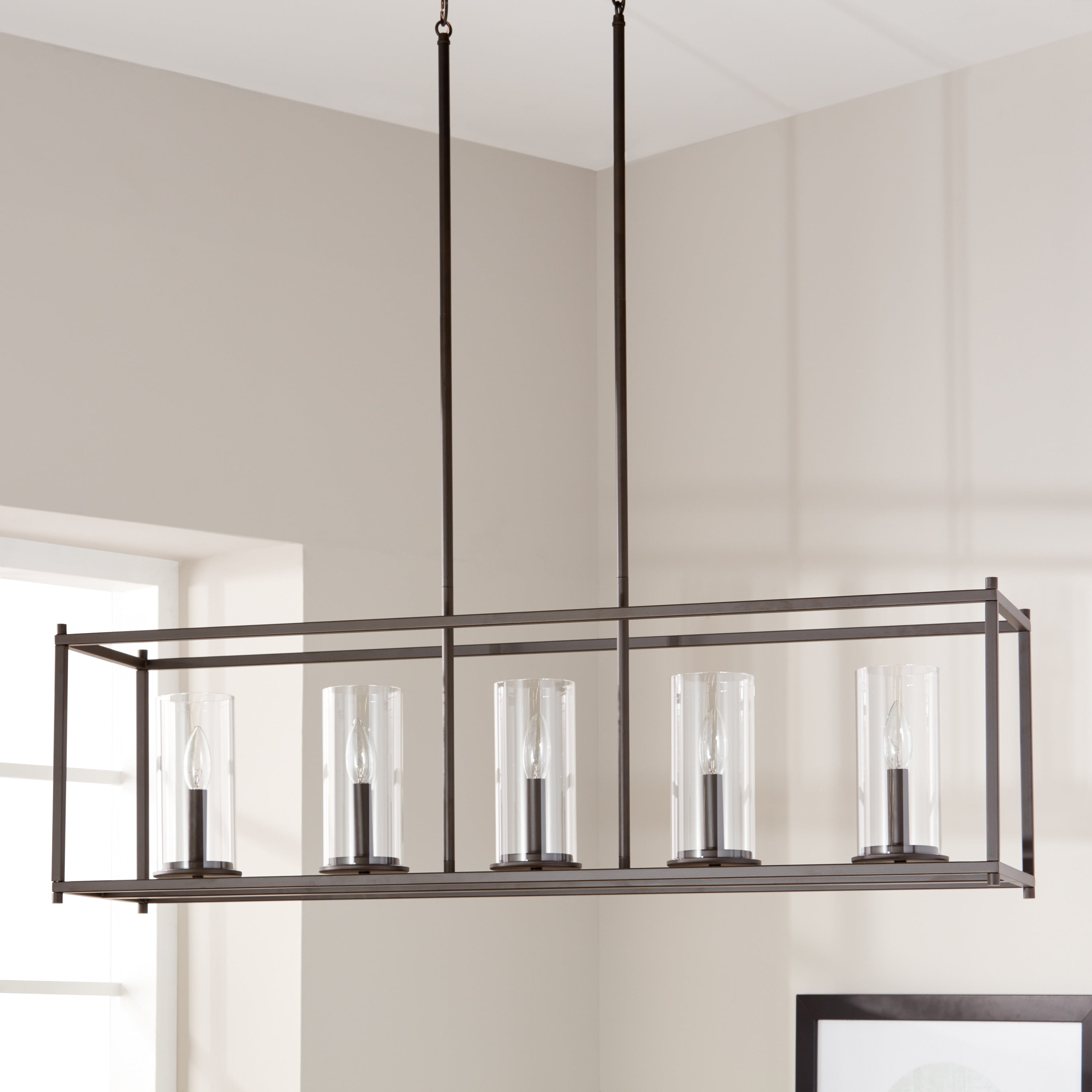 The Gray Barn Olde Bronze Steel 5 Light Linear Chandelier With Clear Glass Cylindrical Shades