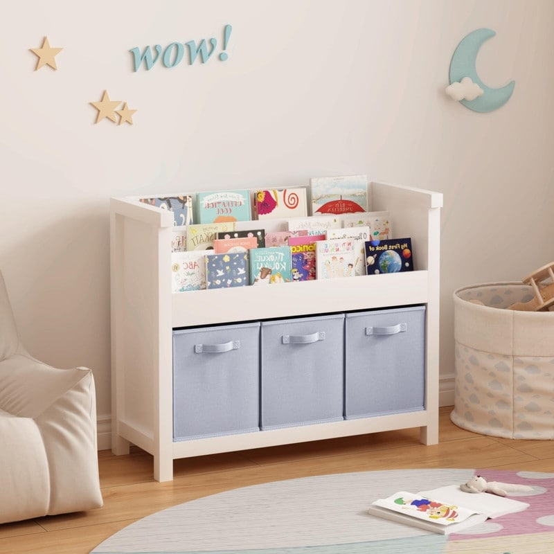Kids 3 Tier Front Facing Bookshelf With 3 Fabric Bins Wooden Toddler Bookcase