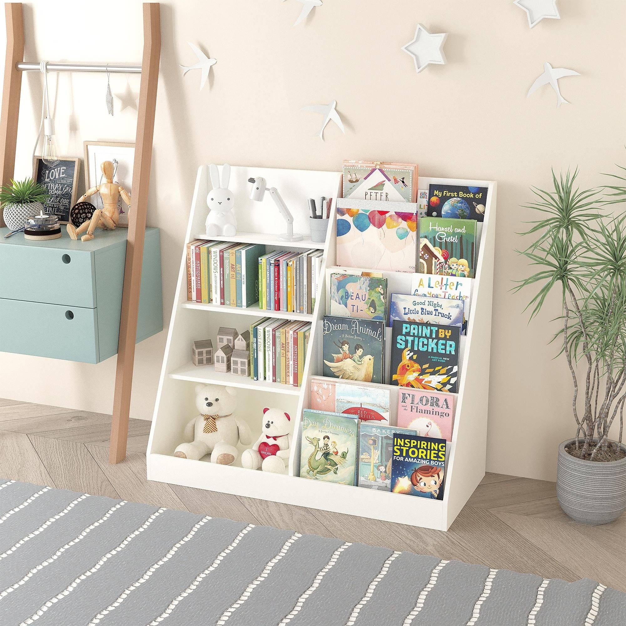 Kids Bookshelf And Toy Storage Organizer Multifunctional 4 Tier Wooden Kids Book Shelf With Bookcase Display Stand In Kids Room
