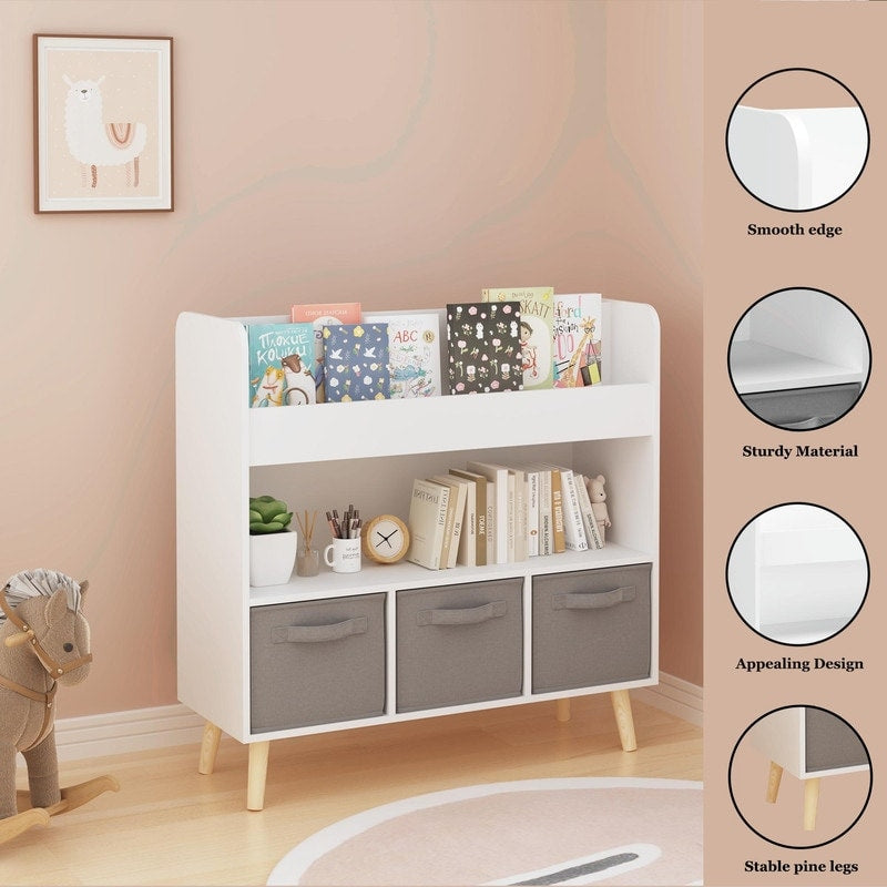 Kids Bookshelf With 3 Fabric Bins Modern Toddler Bookcase And Toy Storage Organizer