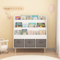Kids Bookshelf With 3 Fabric Storage Bins White Wooden Front Facing Book Display Organizer With Pine Legs