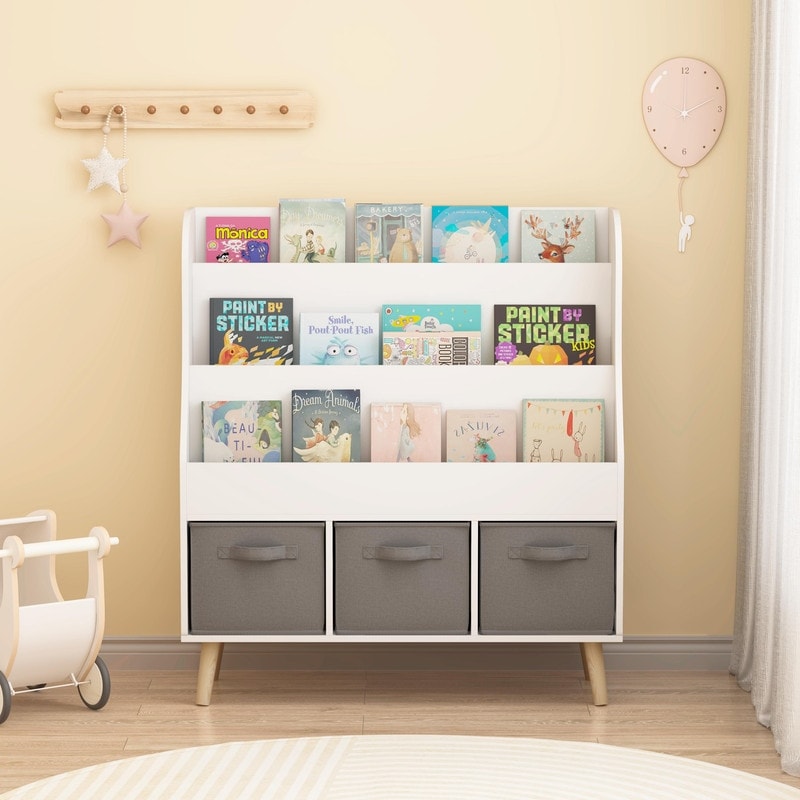Kids Bookshelf With 3 Fabric Storage Bins White Wooden Front Facing Book Display Organizer With Pine Legs