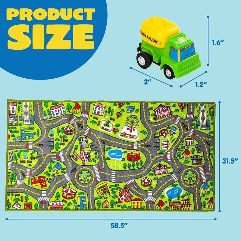 Kids Carpet Playmat Rugs 12 Pull Back Vehicle Set Green