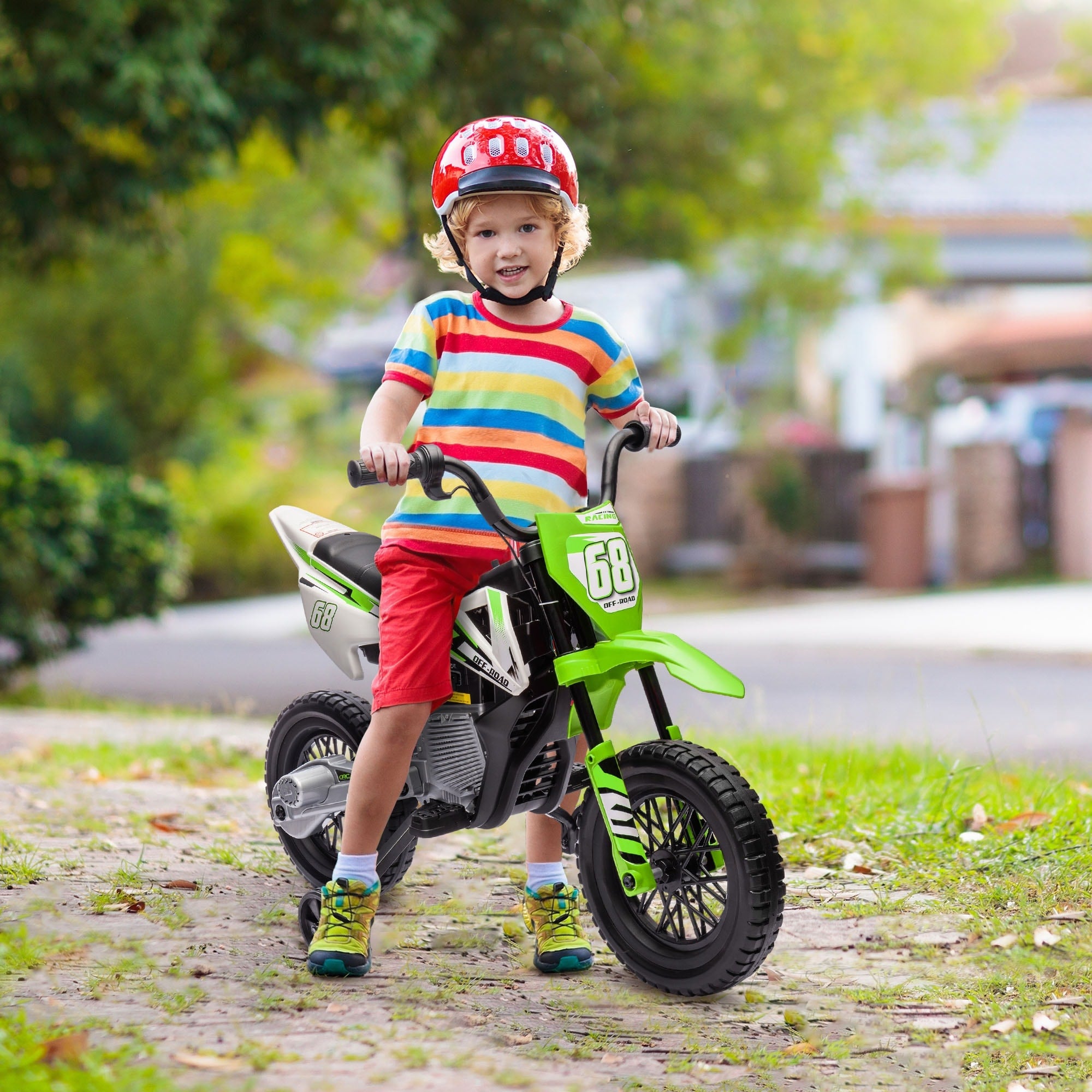 Kids Dirt Bike 12V Electric Motorcycle With Training Wheels Ride On Car Green Battery Powered Electric Car