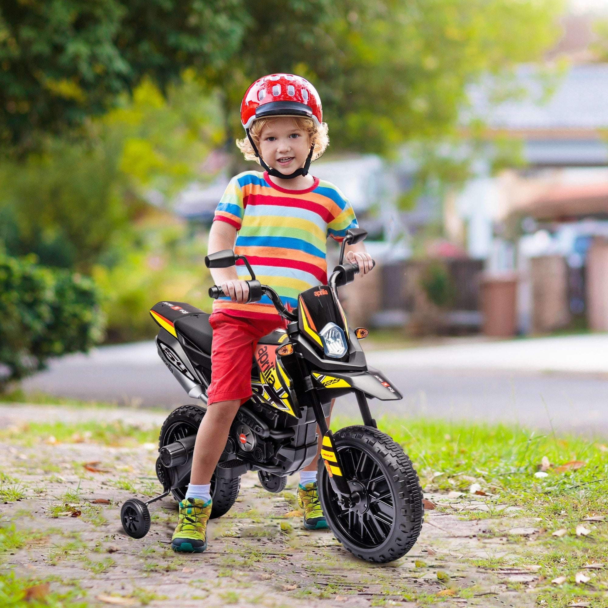 Kids Electric Dirt Bike Ride On Motorcycle With Training Wheels Yellow Battery Powered Dirt Bike With Led Light